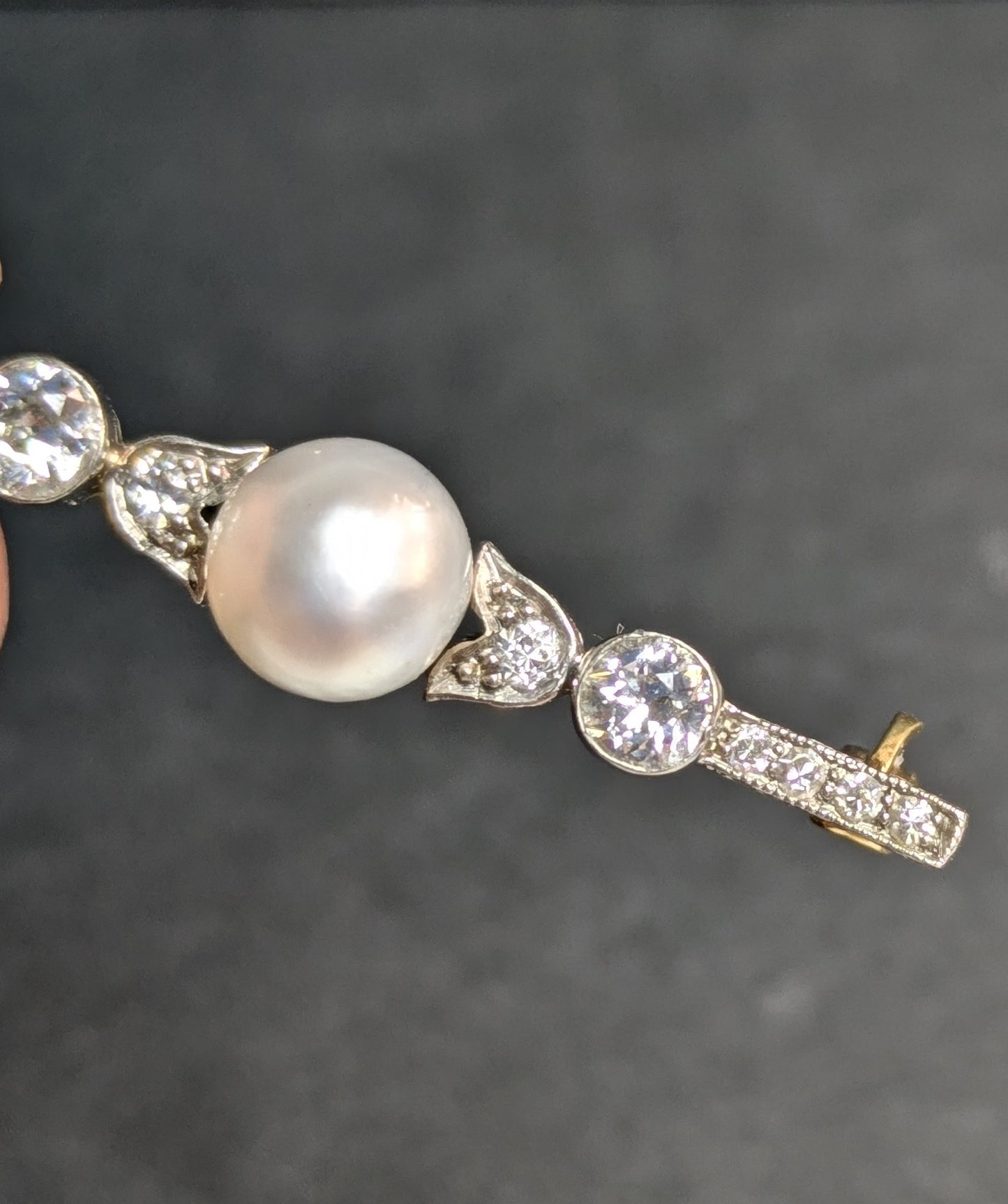 18k and Platinum Old European Diamond and Pearl Bar Pin