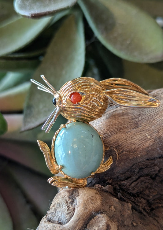 18k Vintage Italian Rabbit Brooch with Turquoise, Onyx, and Coral