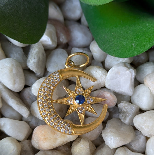 14k Sapphire and Diamond Crescent and Star Pendant