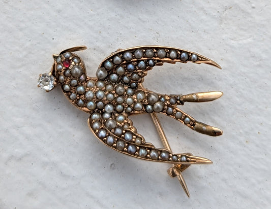 15k Victorian Seed Pearl, Ruby, and Diamond Bird Brooch