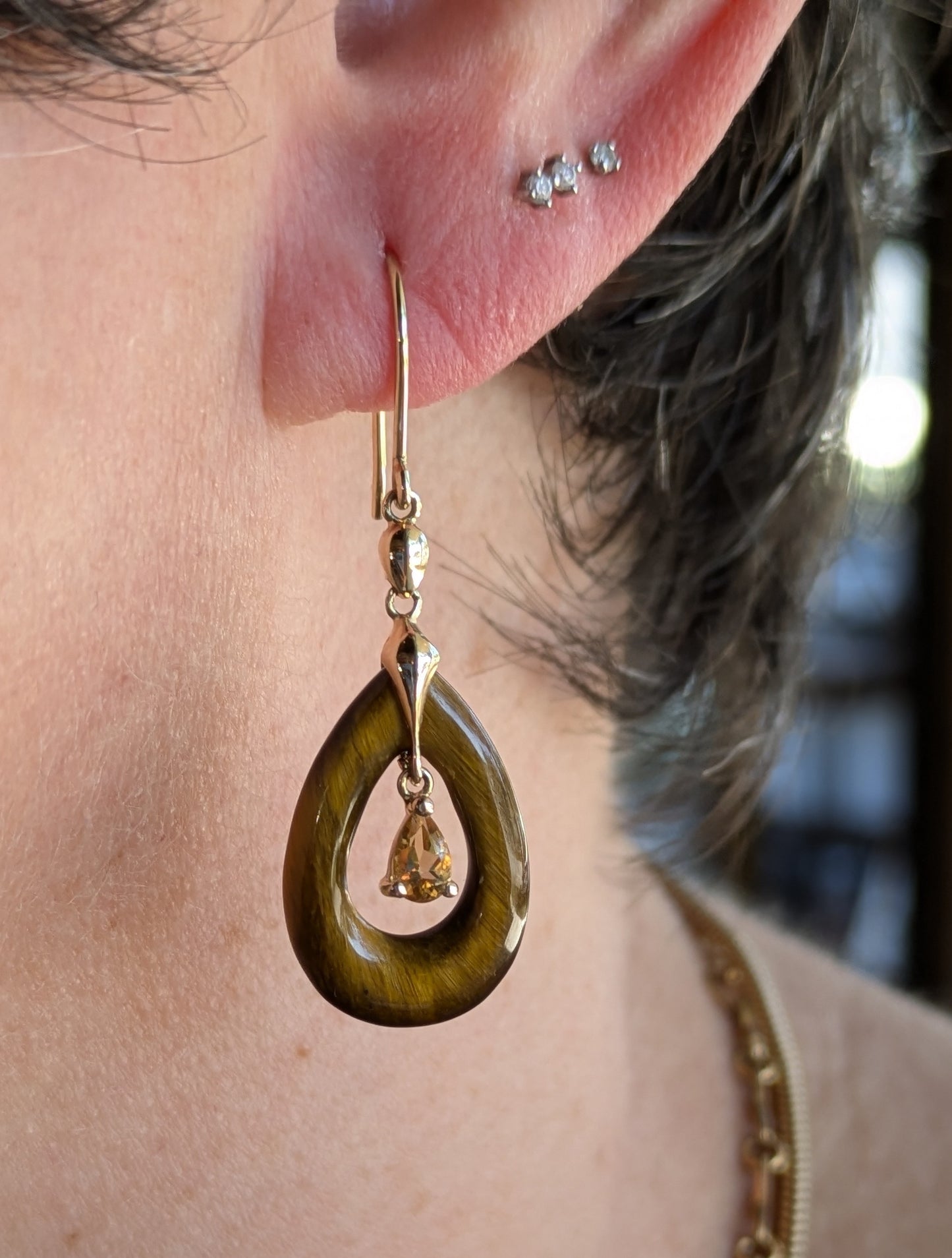14k 1960's Tiger's Eye Dangle Earrings