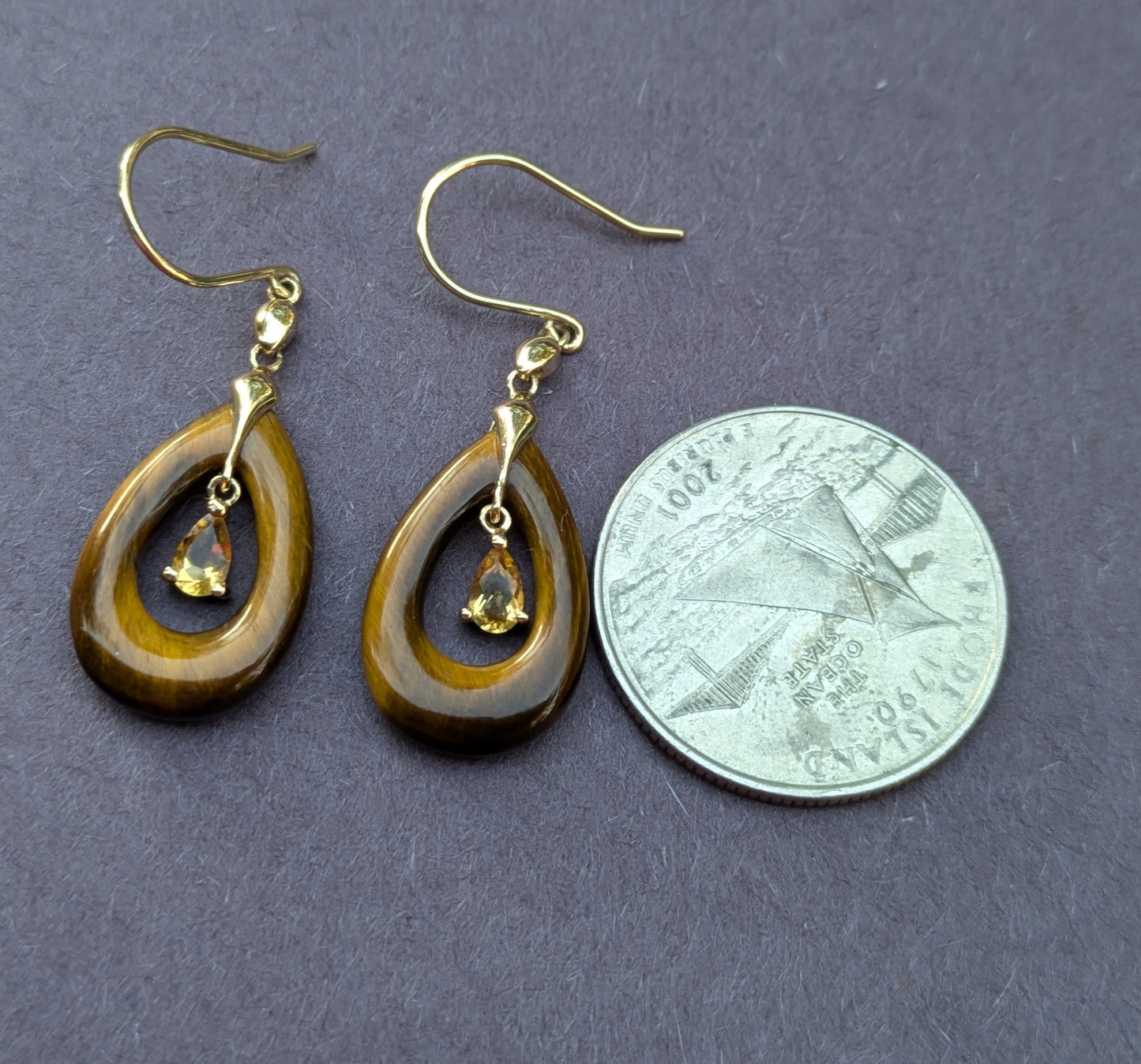 14k 1960's Tiger's Eye Dangle Earrings