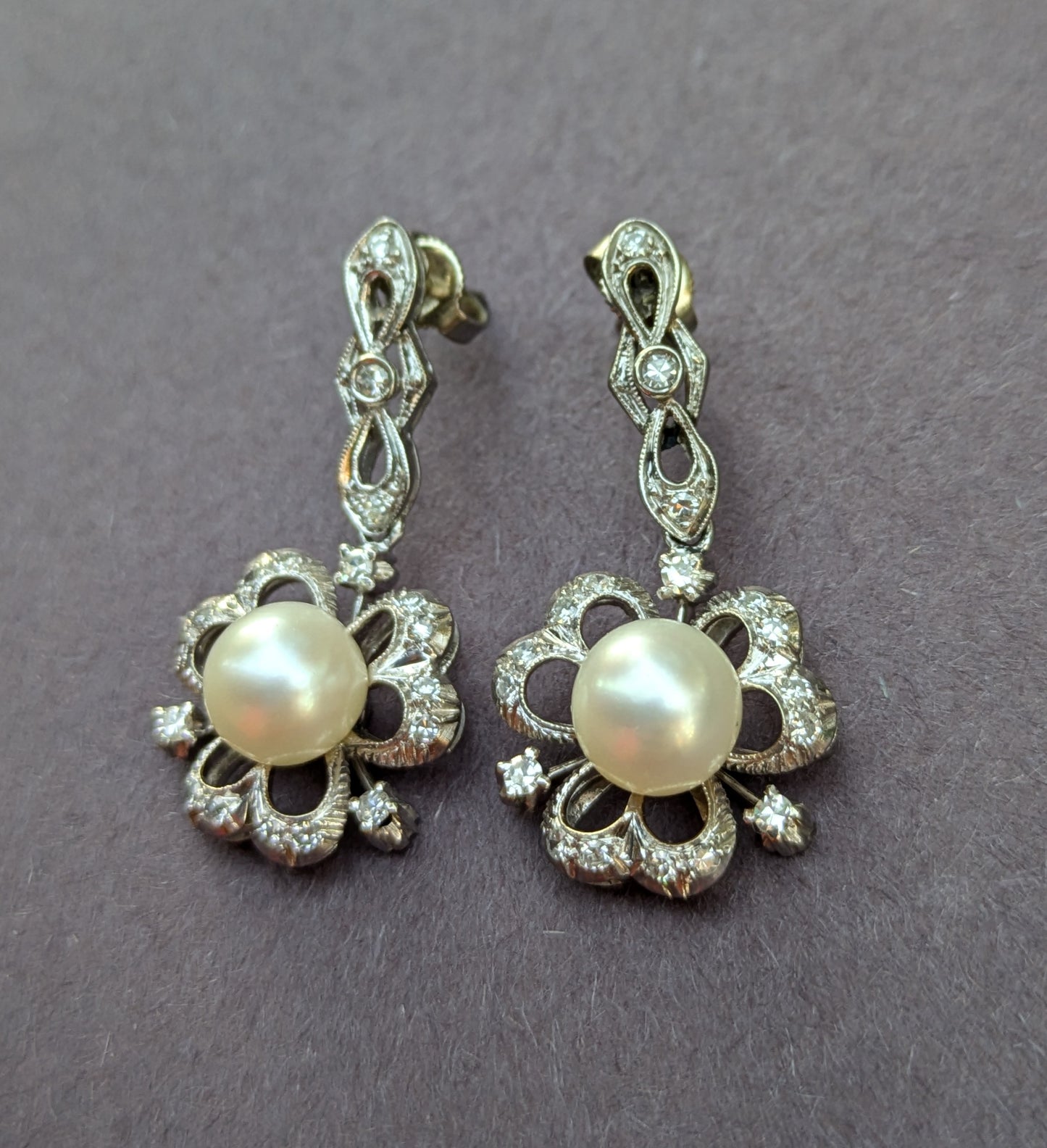 14k White Gold Clover, Diamond, and White Pearl Earrings