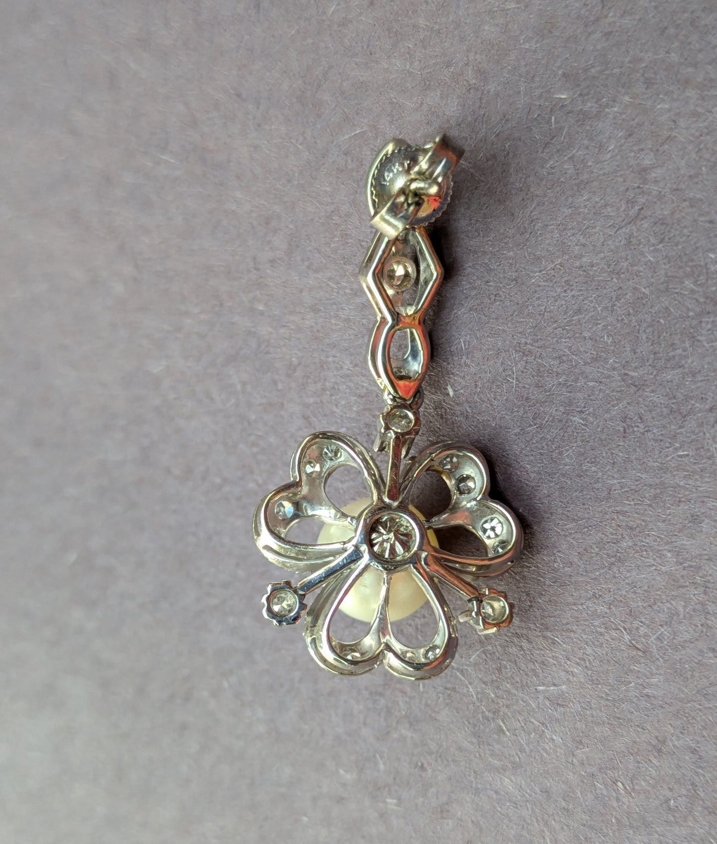 14k White Gold Clover, Diamond, and White Pearl Earrings