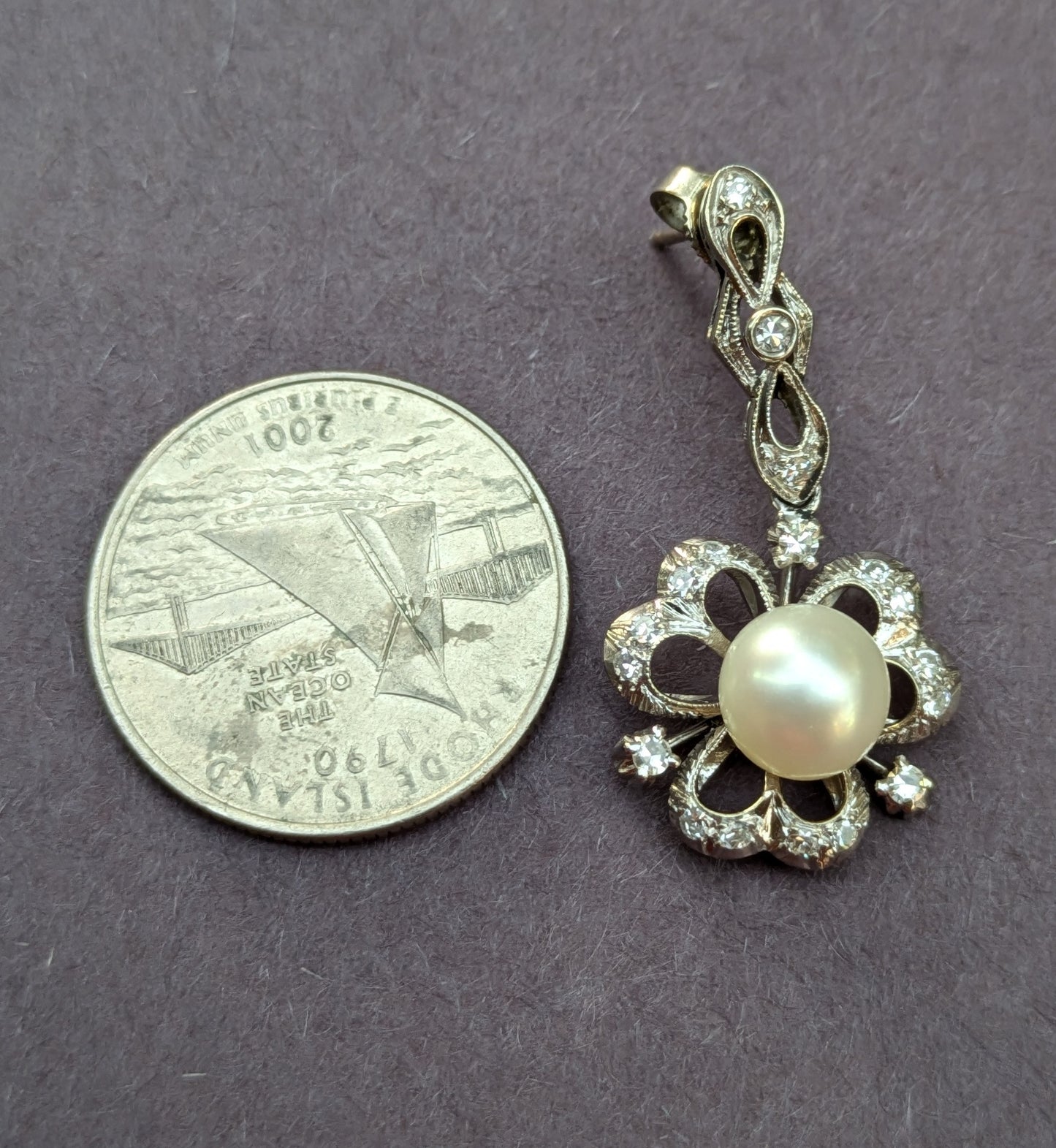 14k White Gold Clover, Diamond, and White Pearl Earrings