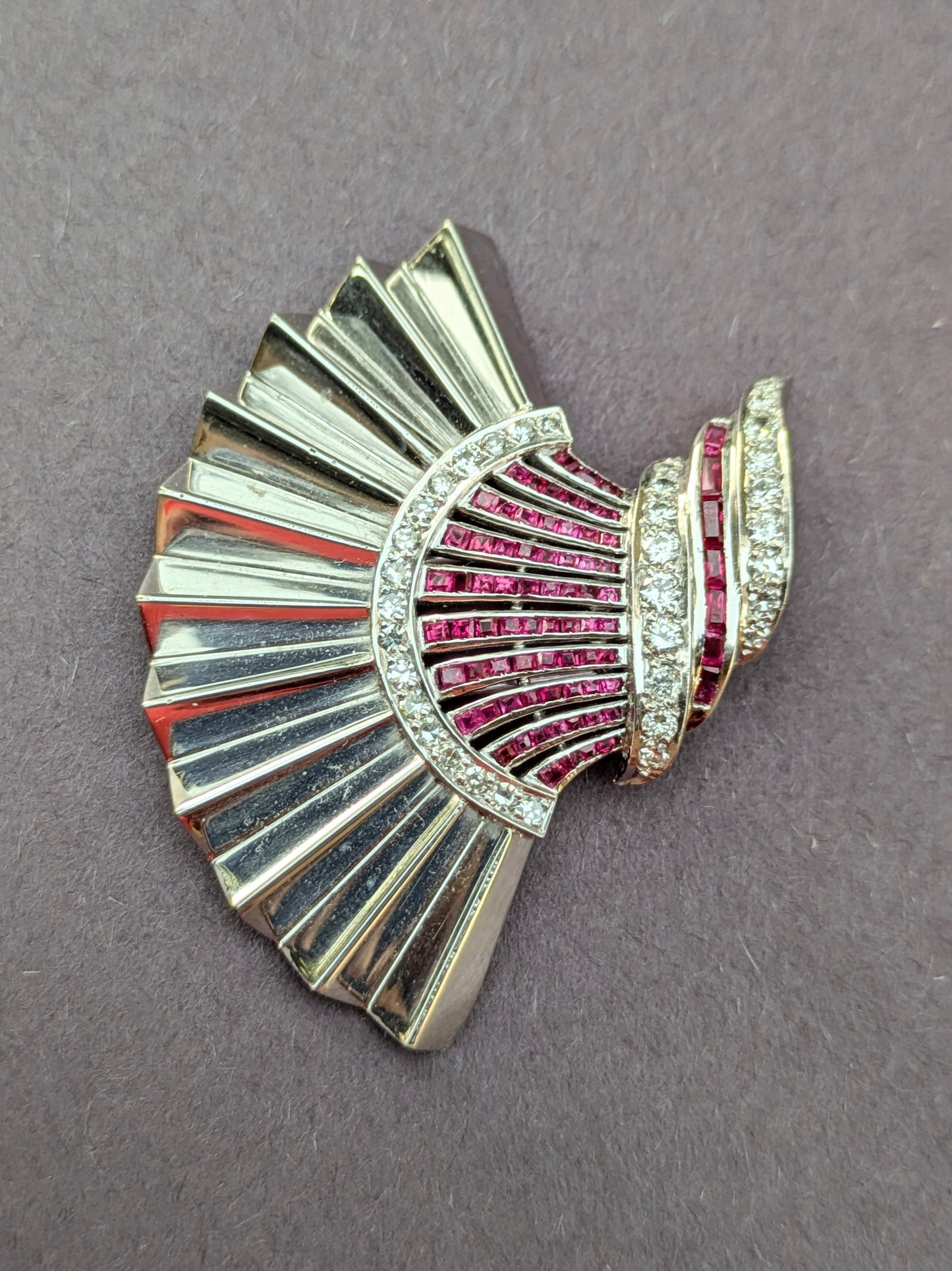 Art Deco 14k White Gold, Ruby, and Diamond Dress Clip Brooch