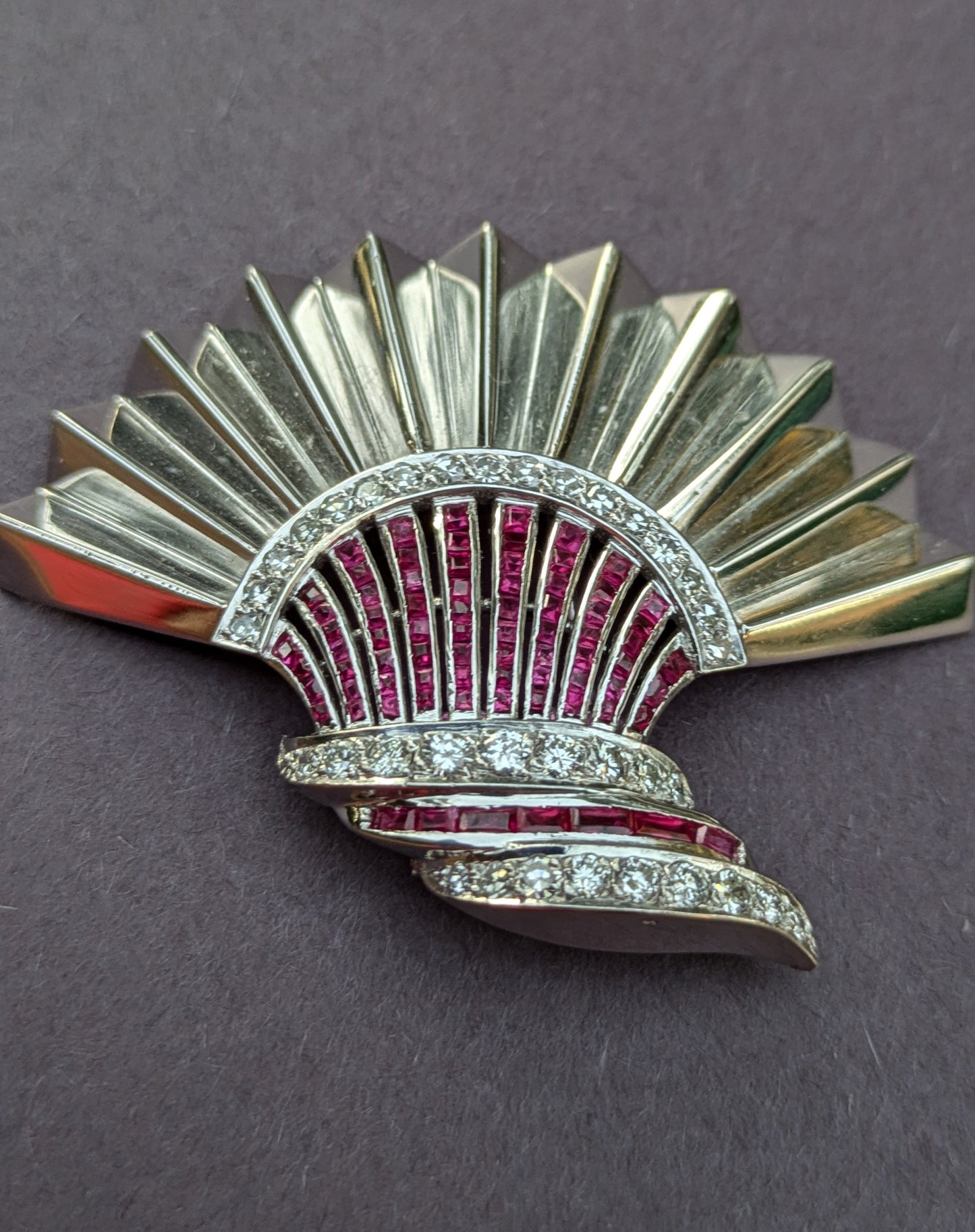 Art Deco 14k White Gold, Ruby, and Diamond Dress Clip Brooch