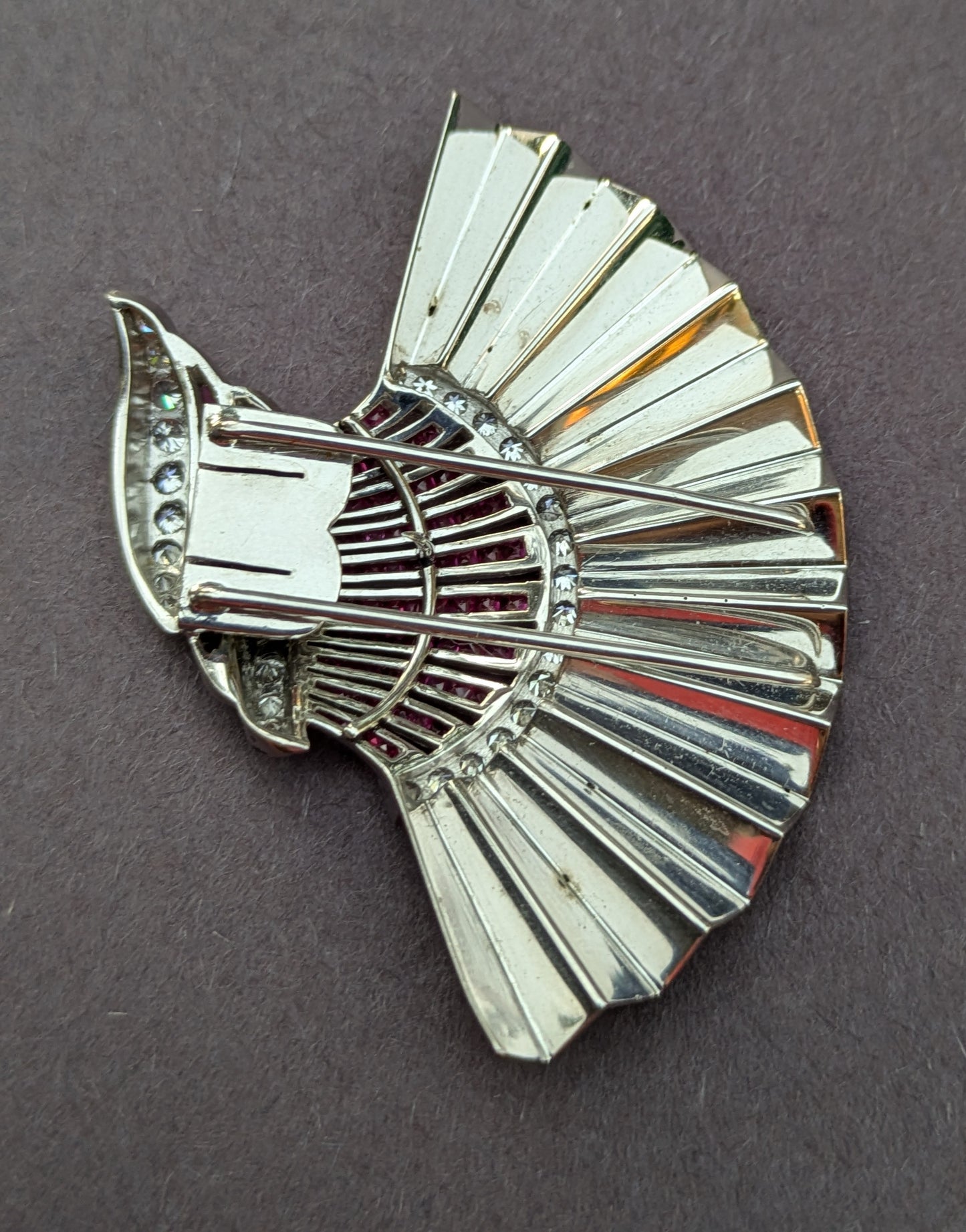 Art Deco 14k White Gold, Ruby, and Diamond Dress Clip Brooch