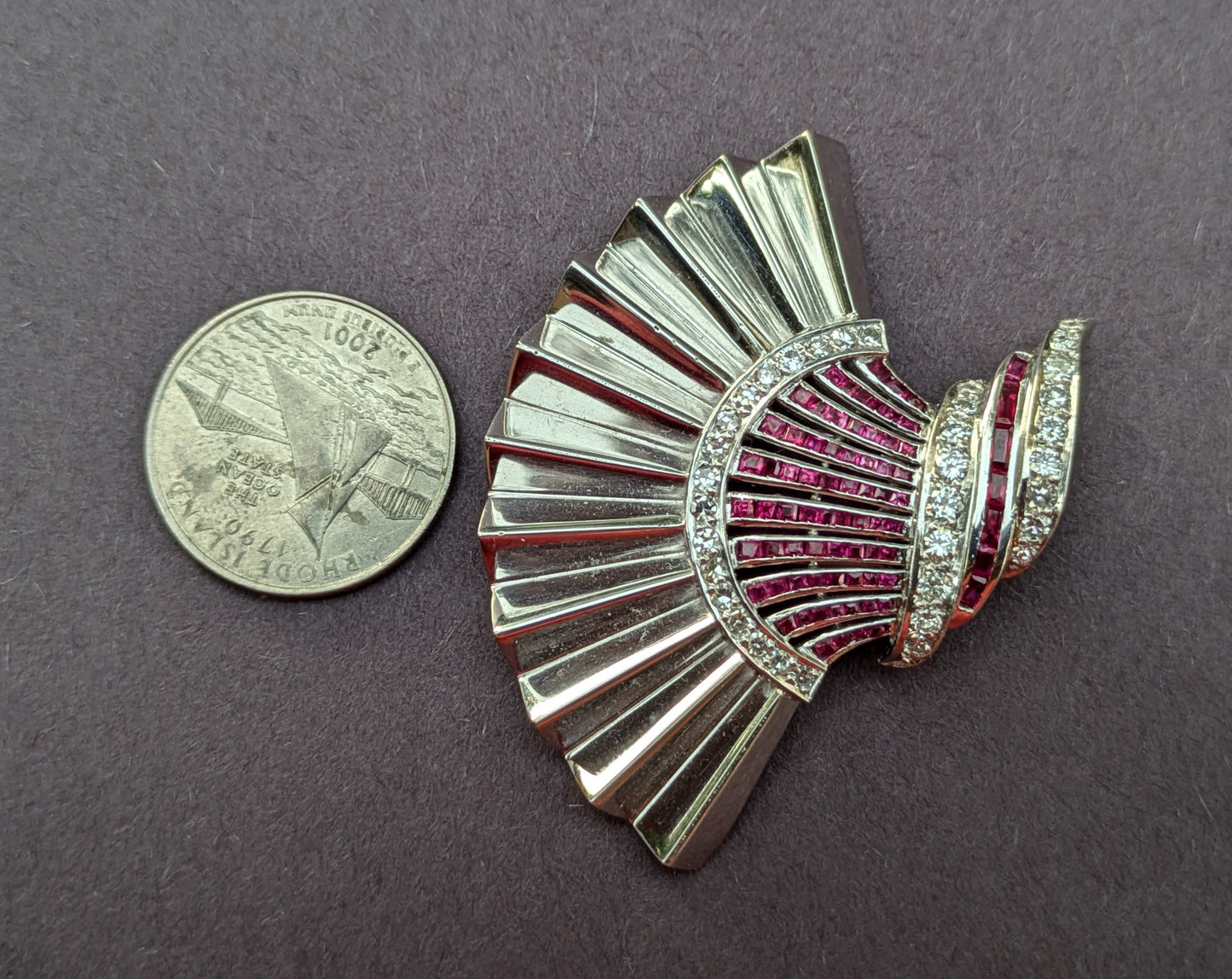 Art Deco 14k White Gold, Ruby, and Diamond Dress Clip Brooch