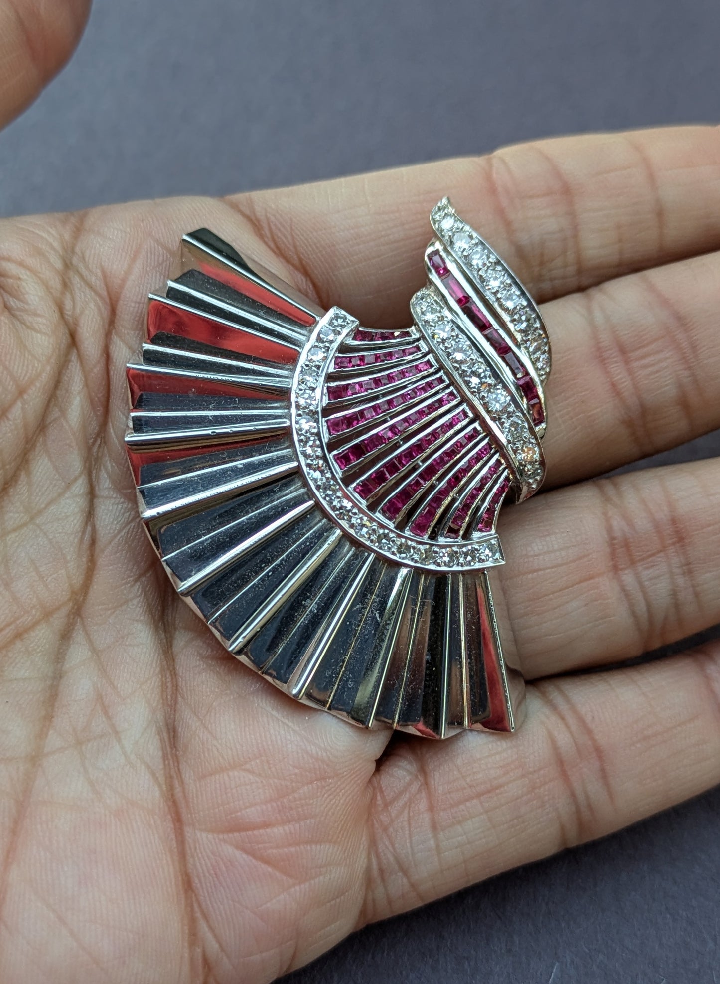 Art Deco 14k White Gold, Ruby, and Diamond Dress Clip Brooch