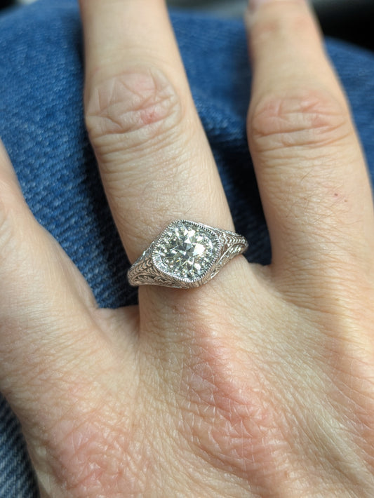 Edwardian 1ct Old European Cut Diamond Ring with 14k White Gold Filigree Mounting