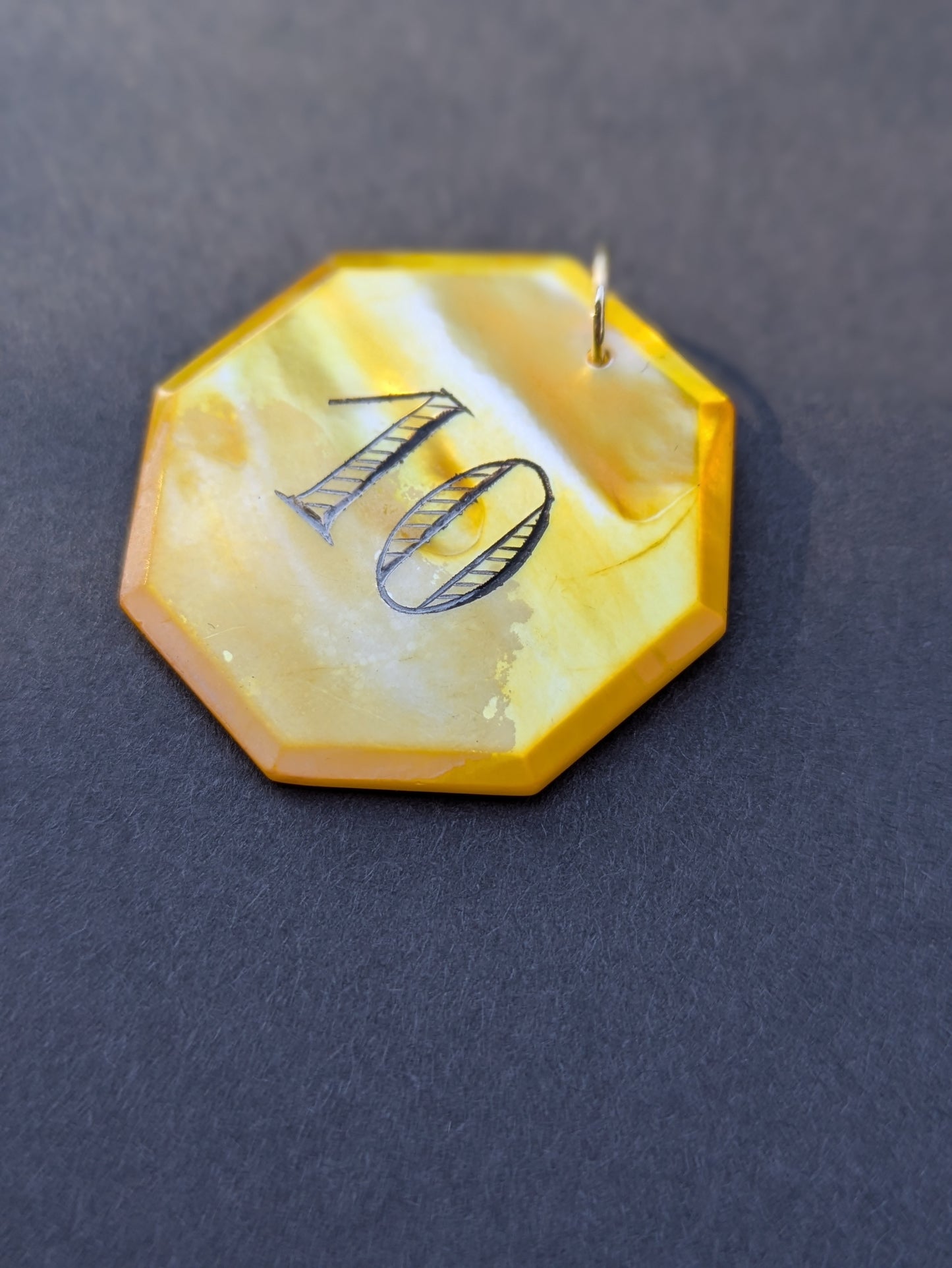 Octagon Yellow Mother of Pearl Poker Chip with Navy Engraving "10"