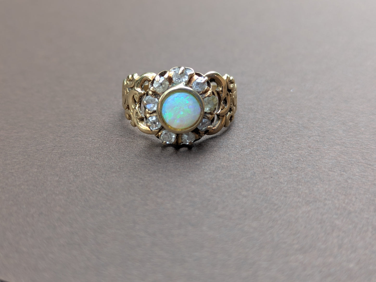 14k Opal Ring with Mine Cut Diamond Halo