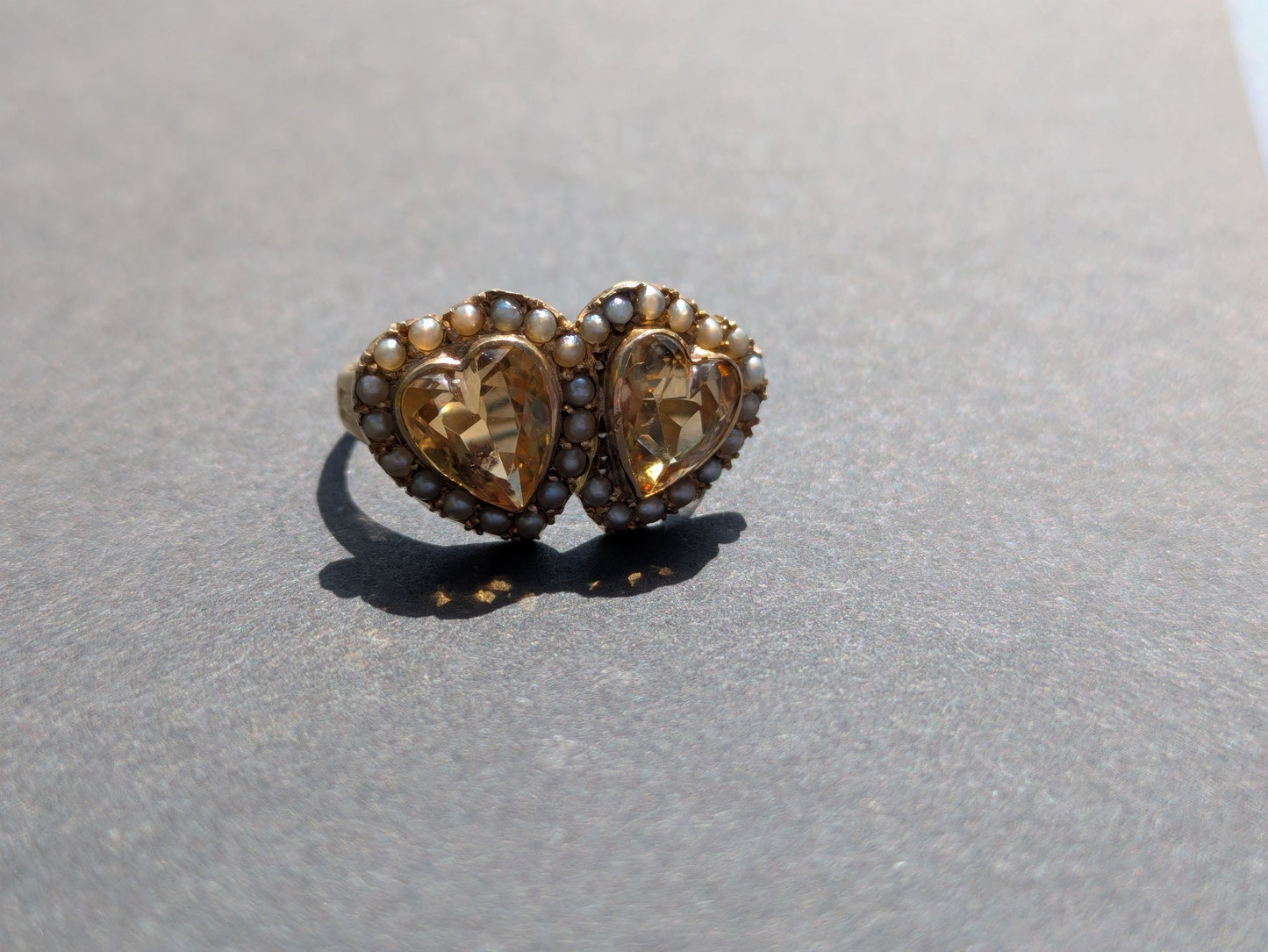 Double Heart Citrine & Seed Pearl Ring