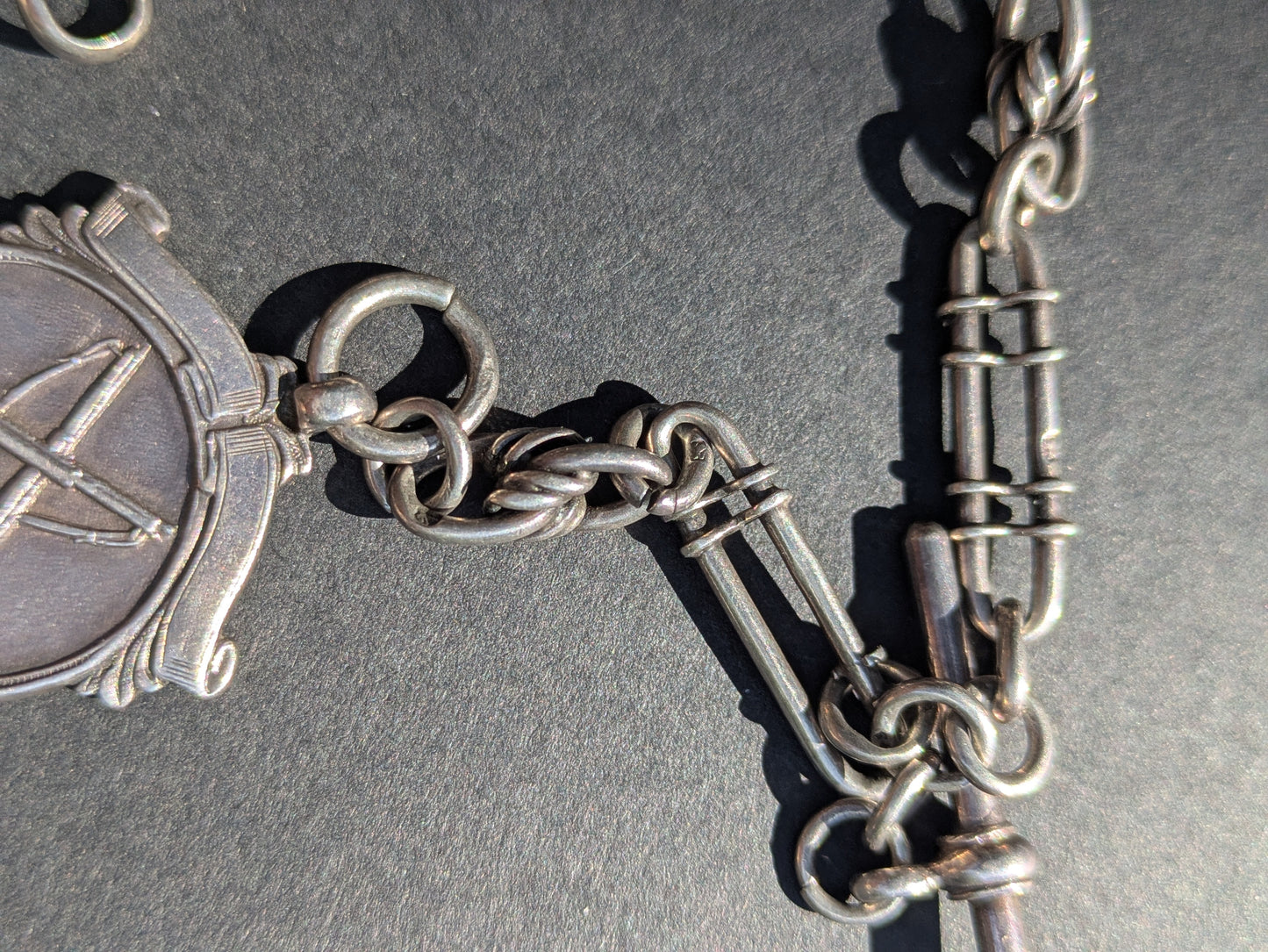 Birmingham 1938 Watch Chain, Fob & T-Bar Sterling Necklace