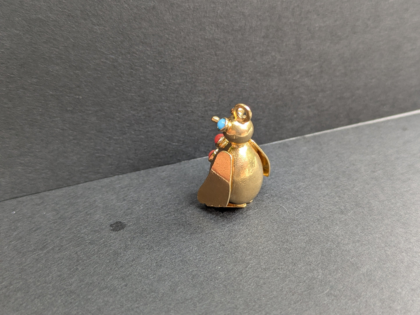14k Art Deco Penguin Pendant with Turquoise Eyes and Coral Buttons
