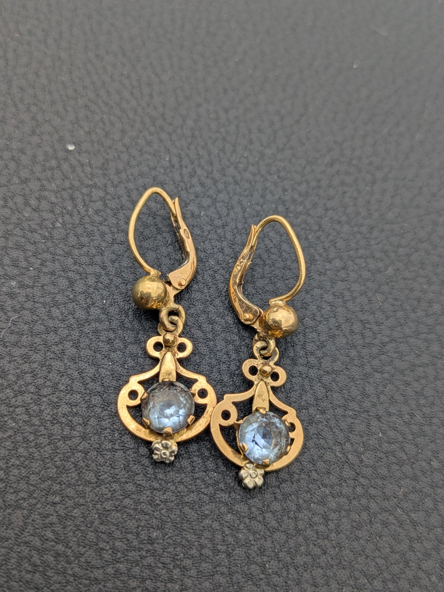 Depression Era 10k Leverback Earrings with Blue Topaz