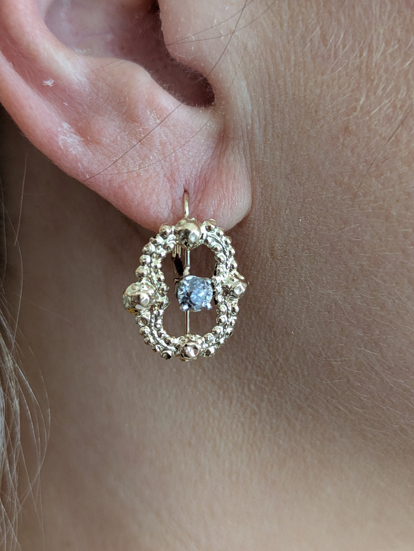 14k Antique Dutch Buckles Converted to Earrings on Leverback with .86ct Diamond Center