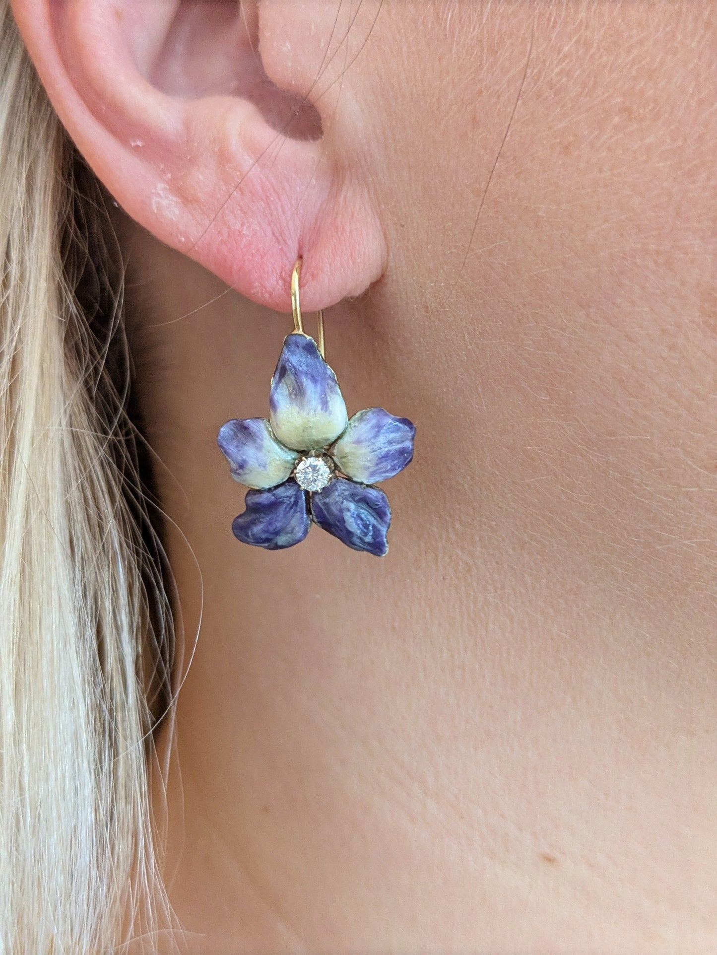 Large Lavender & Yellow Enamel 14k Pansy Earrings with Minecut Diamonds