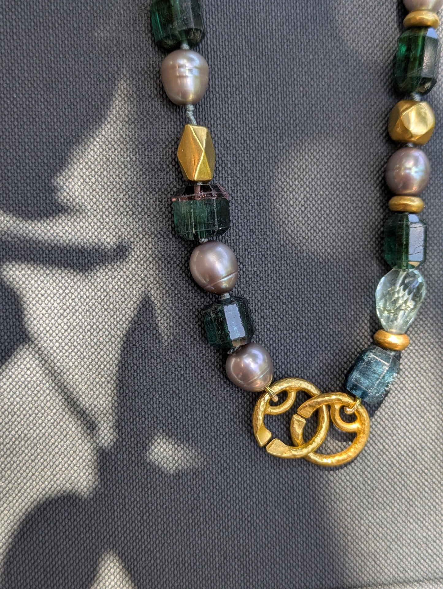 Hammered 20k Clasp on Tourmaline and Gray Pearl Necklace with 18k Beads