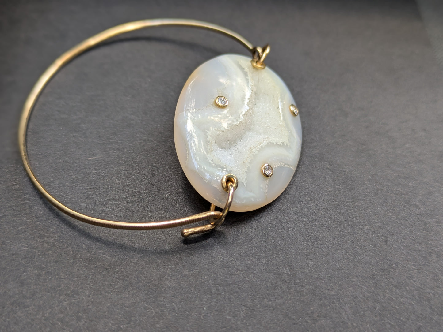 14k Bangle Bracelet with Druzy Quartz set with Diamonds