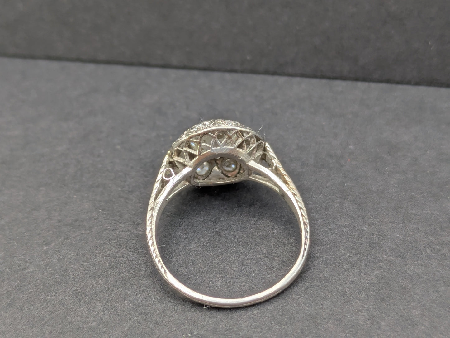French Art Deco Platinum Old European Cut Diamond Ring with Diamond Halo
