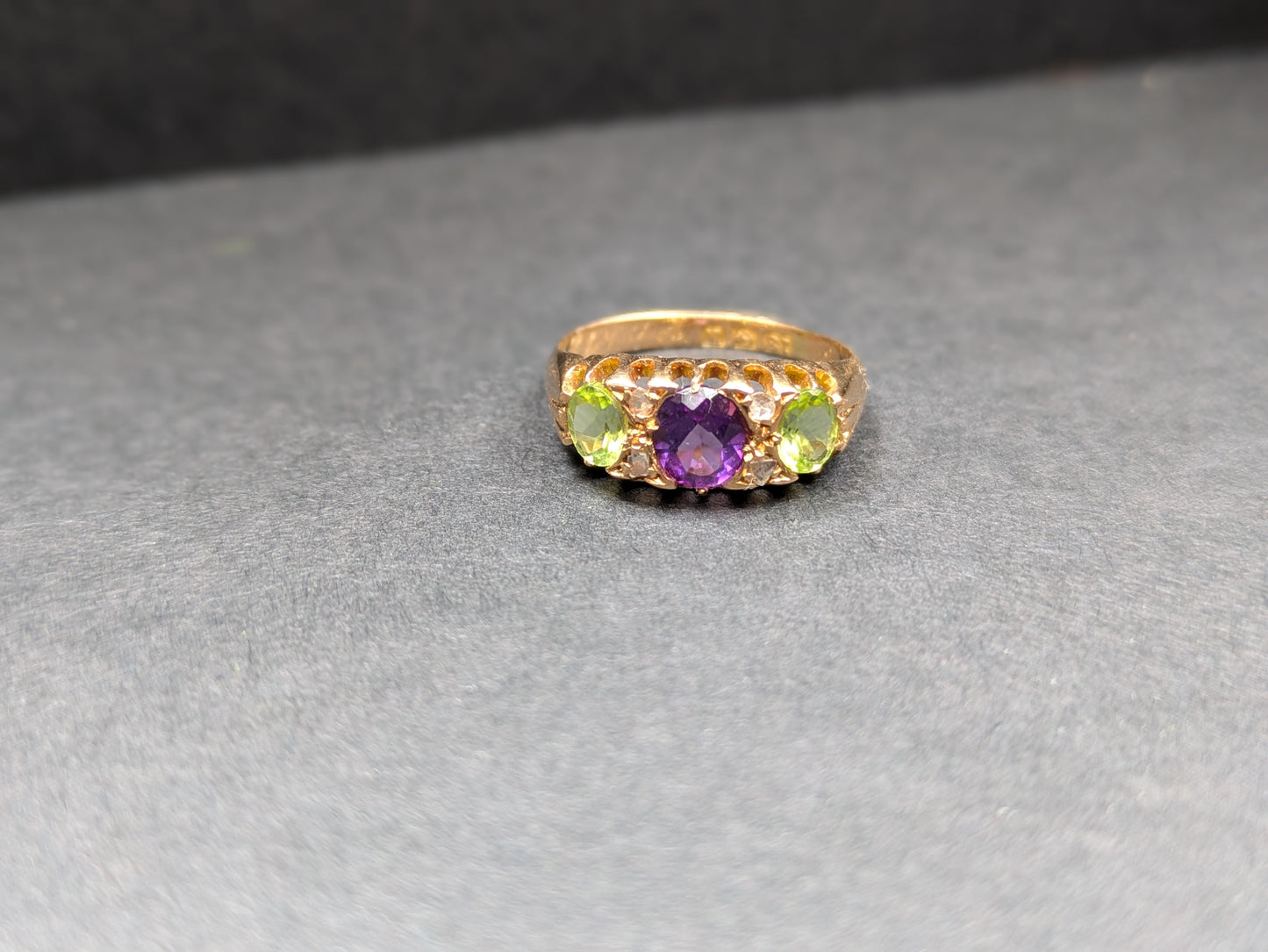 18k English Suffragette Ring with Peridot, Diamond, & Amethyst