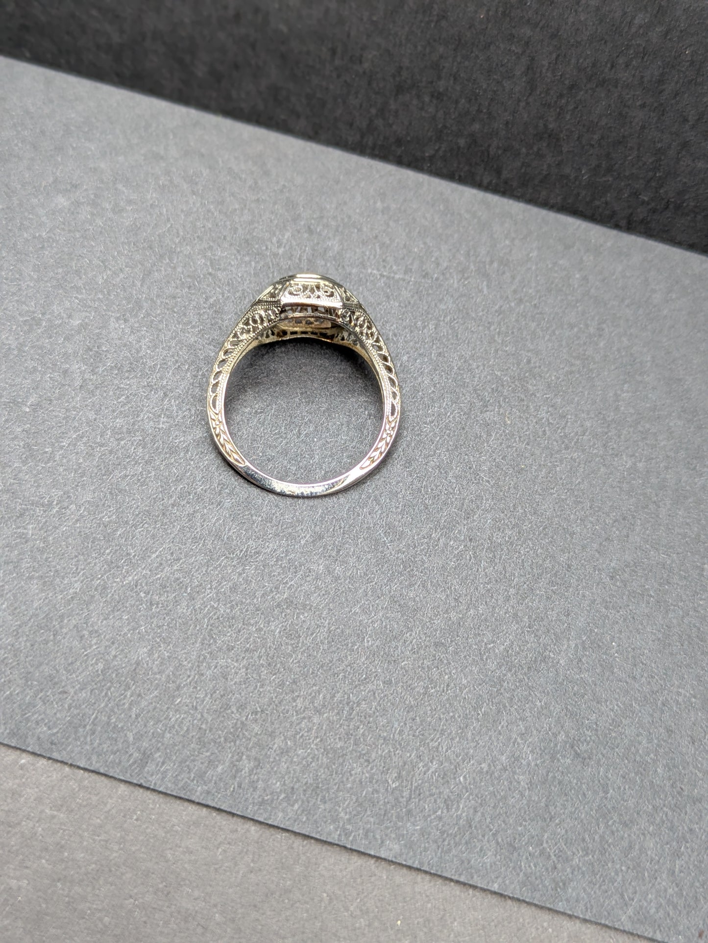 Edwardian 18k White Gold Filigree and Old European Cut Diamond Ring