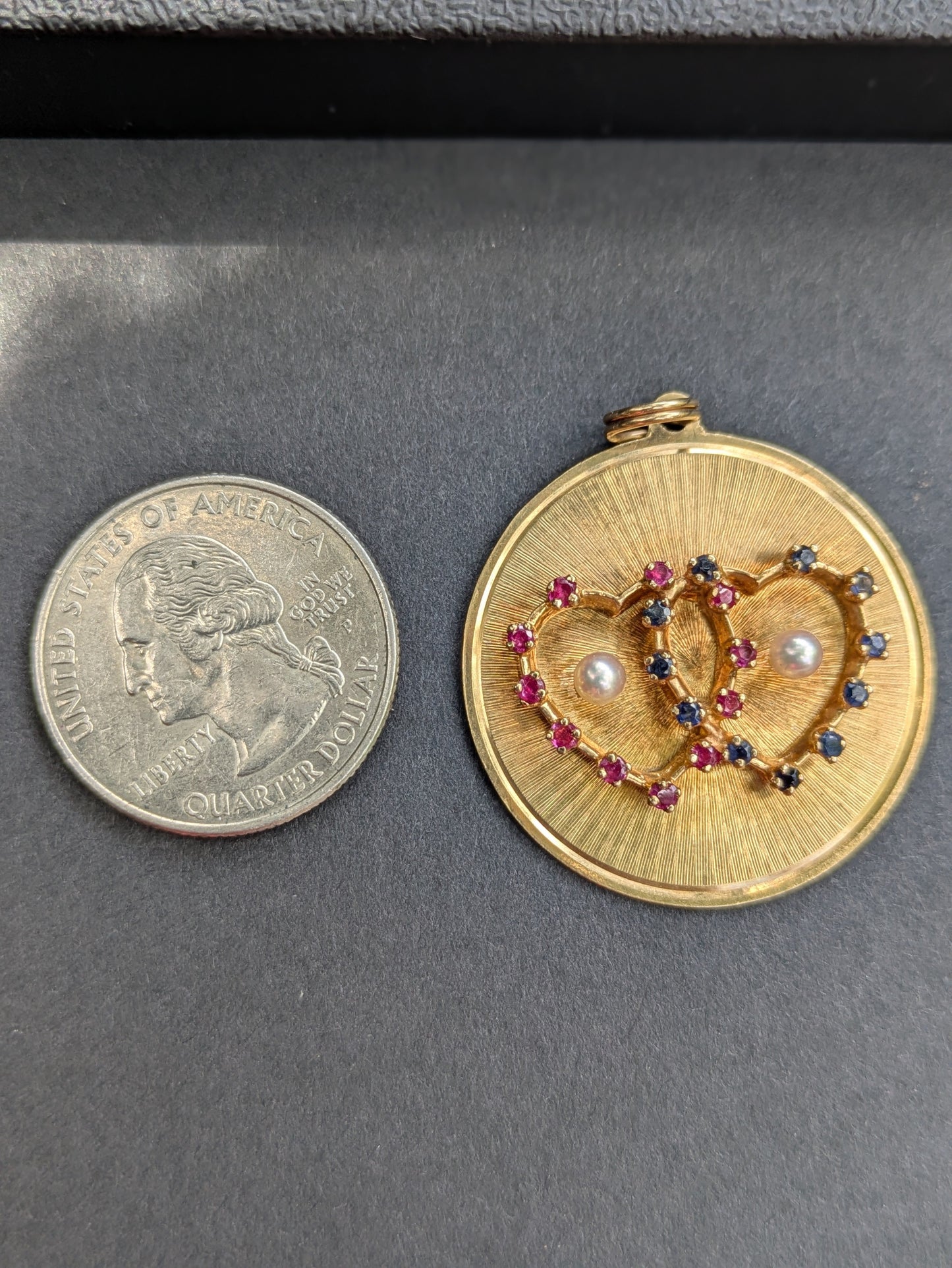 14k Large Disk Pendant with Double Heart with Sapphire, Ruby, and Pearl