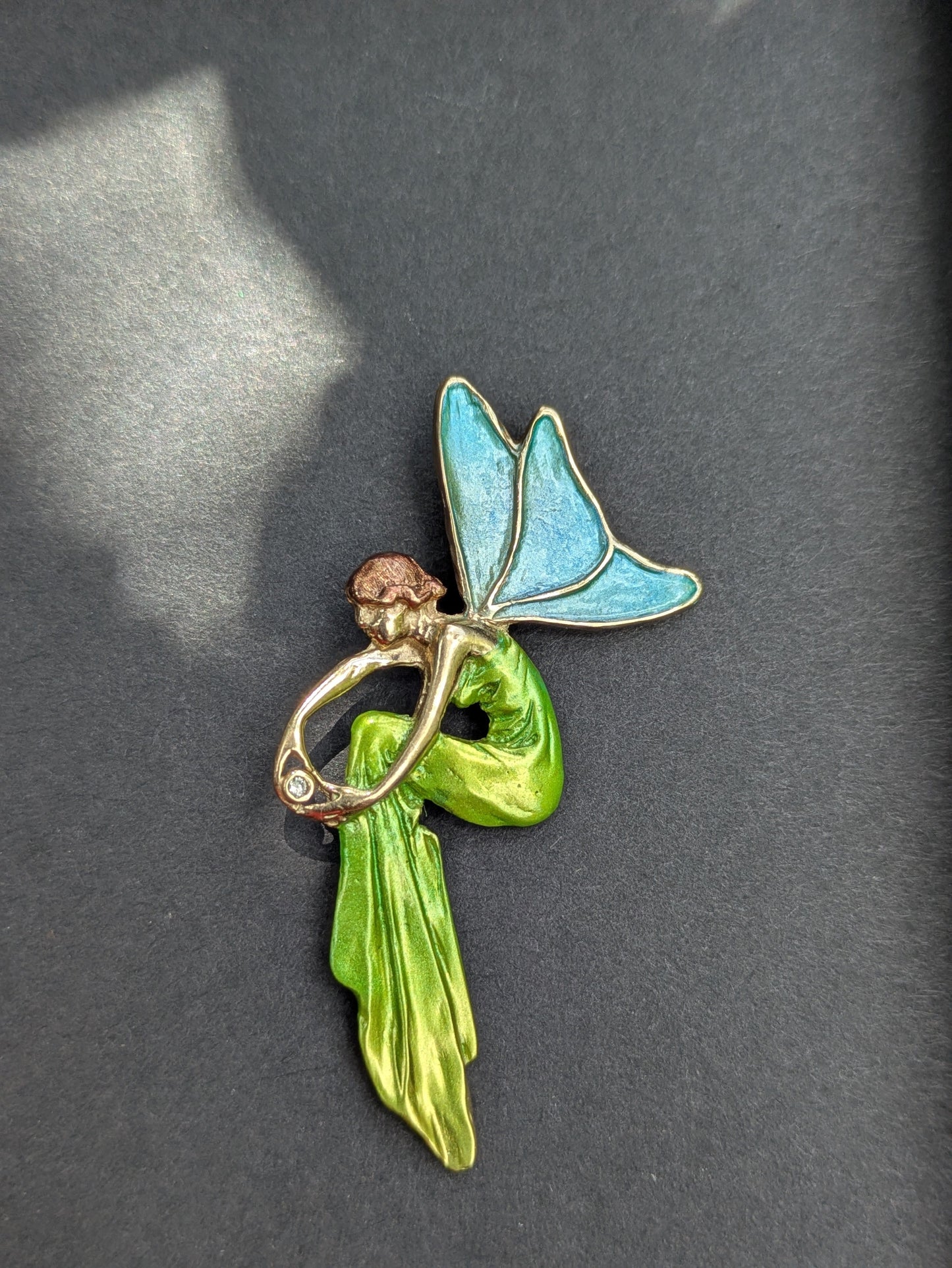Art Nouveau 14k Style Enamel and Diamond Fairy Pendant