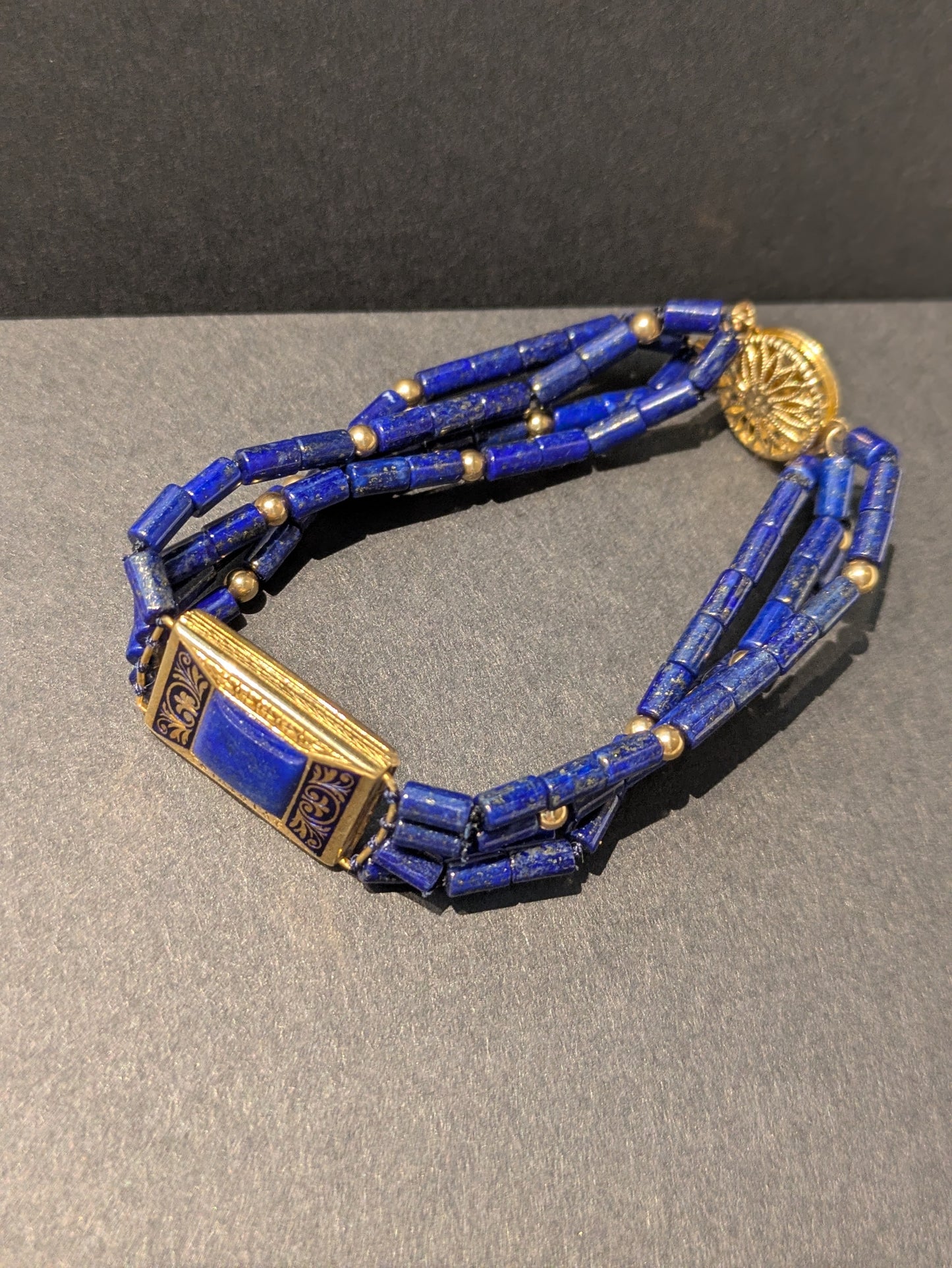 14k Enamel Watch Case Converted to Bracelet with Lapis Center and Beads