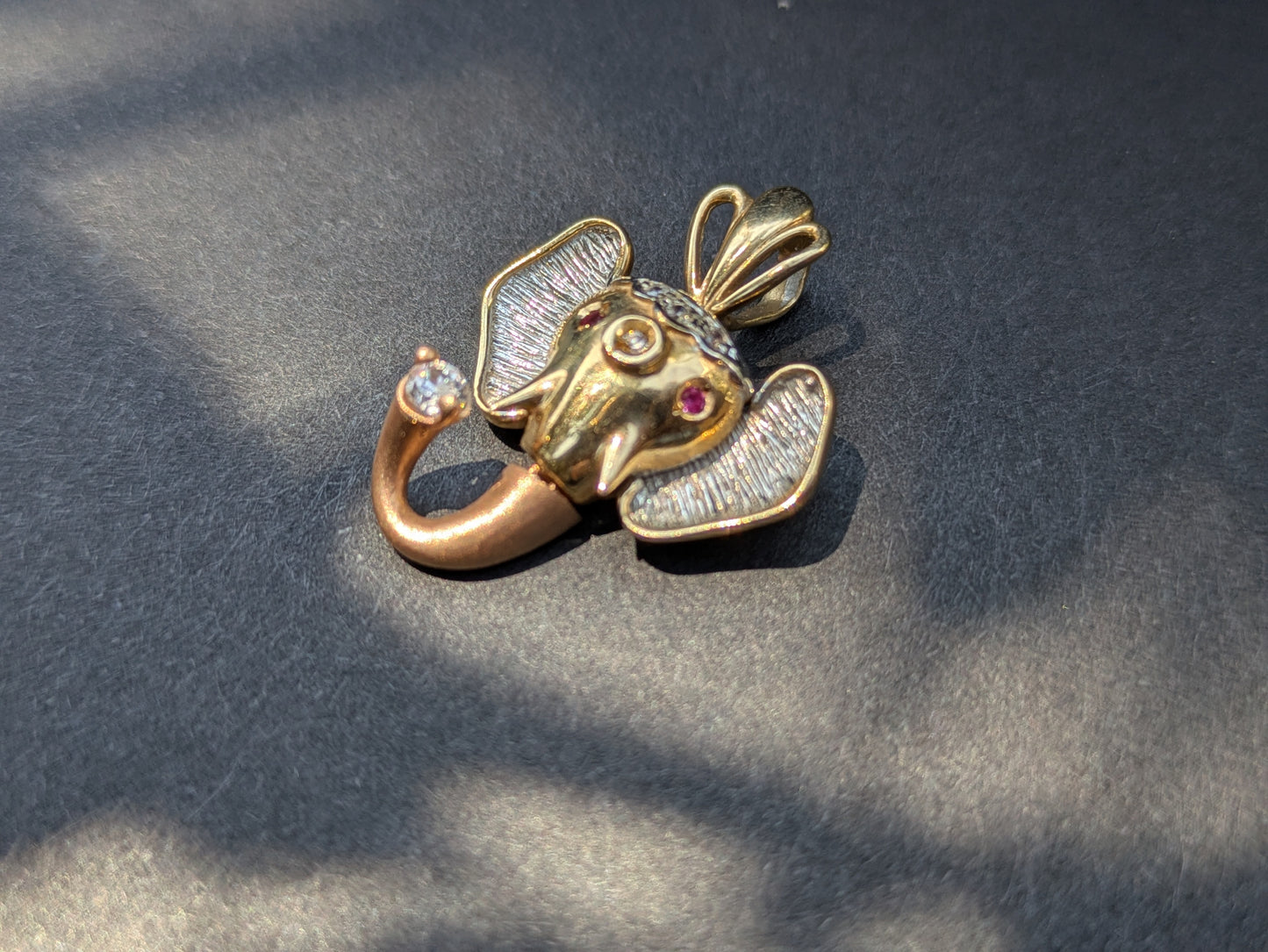 14k Two Tone Elephant Pendant with Moving Trunk, Diamond, and Ruby