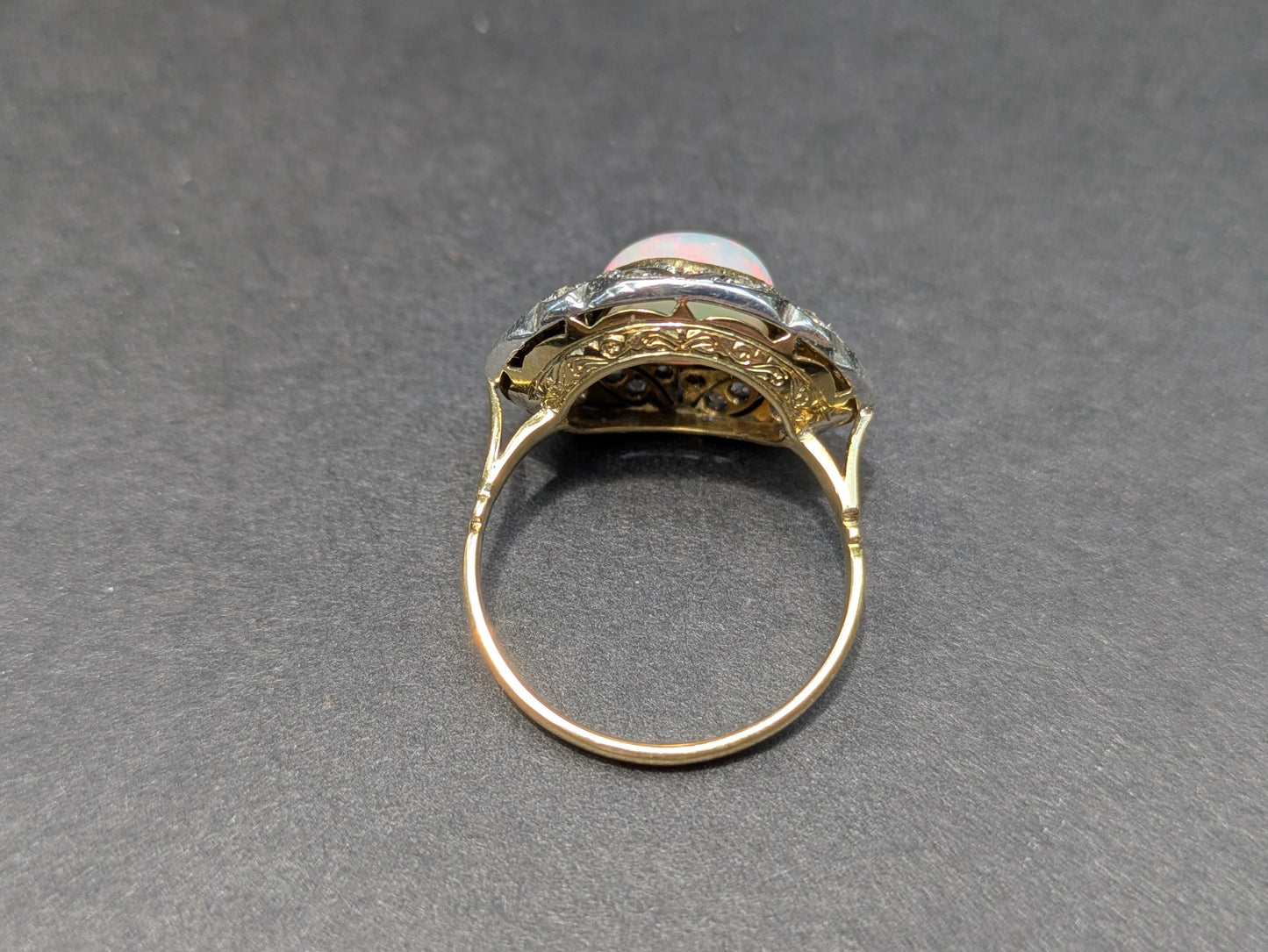 14k Gold Ring with Silver Top set with Single Cut Diamonds and Cabachon Opal