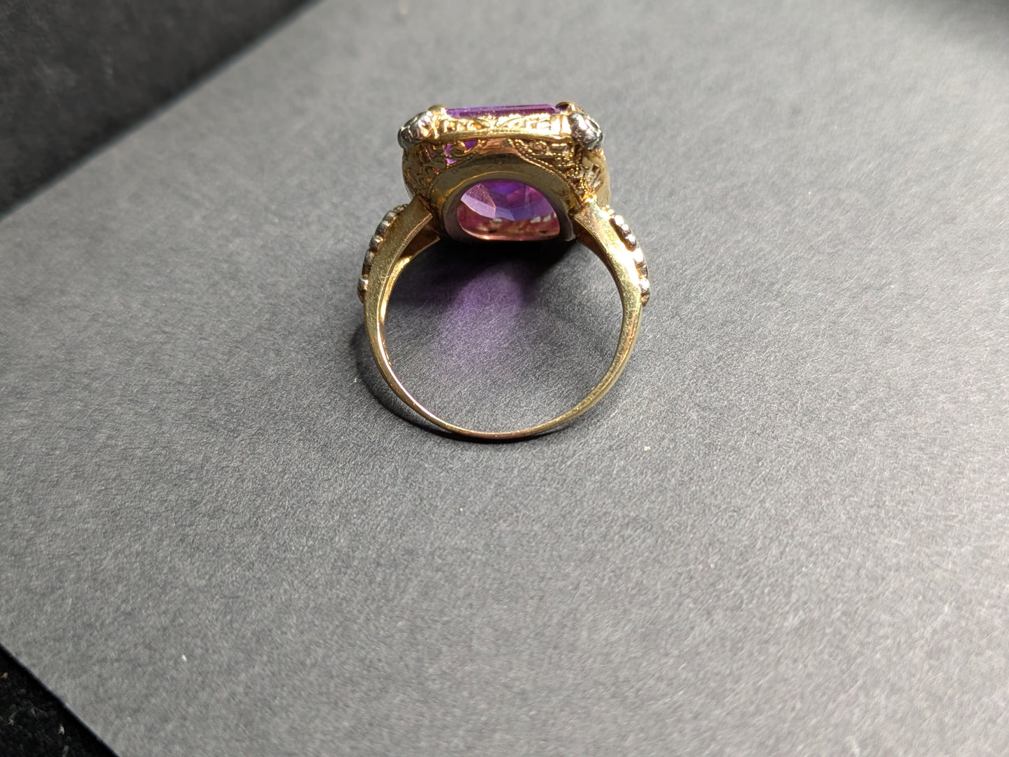 14k Large Emerald Cut Amethyst Two Tone Gold Filigree Ring