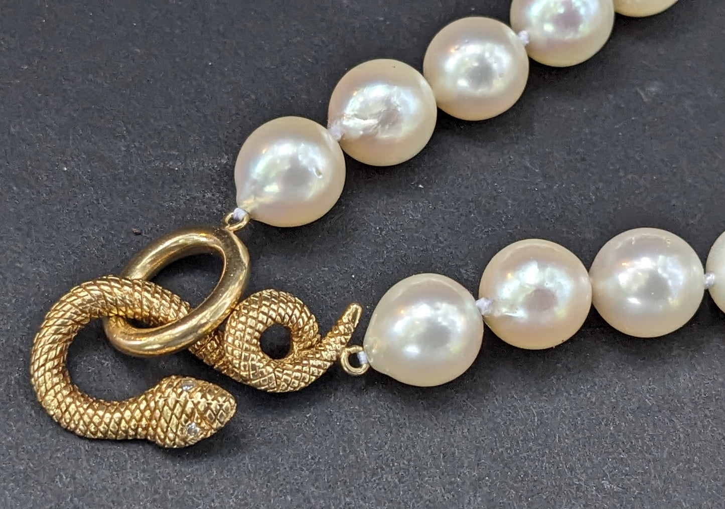 14k Gold, Diamond, and Pearl Necklace with snake clasp