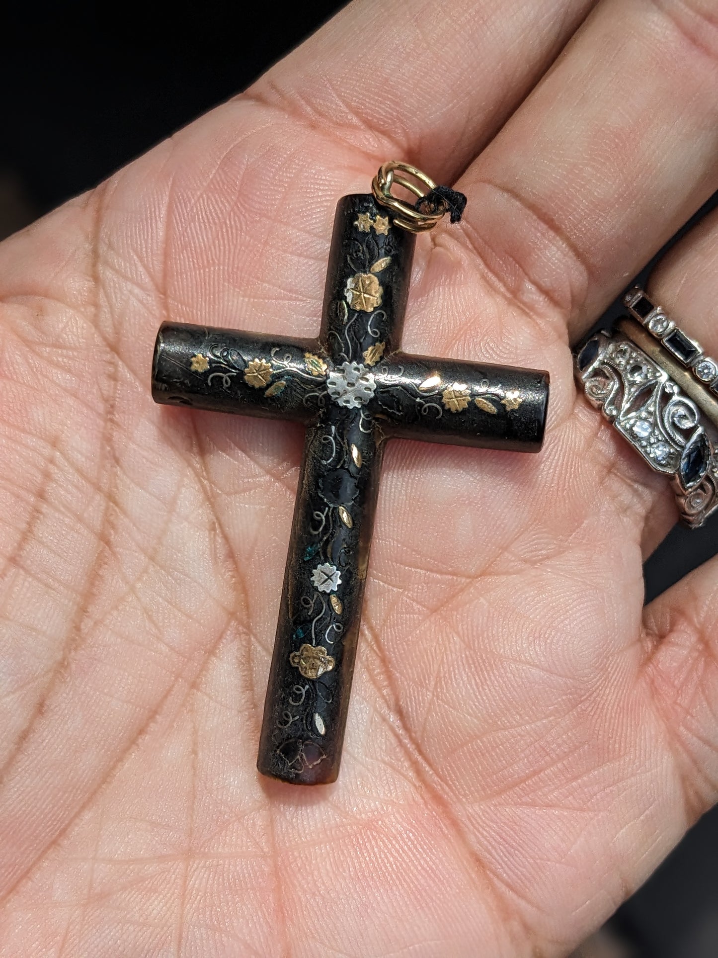 Tortoise Shell and Gold Piqued Cross Pendant