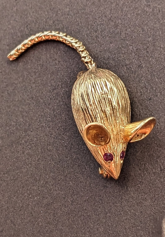 Ruby and 14k Gold Moving Tail Mouse Pendant