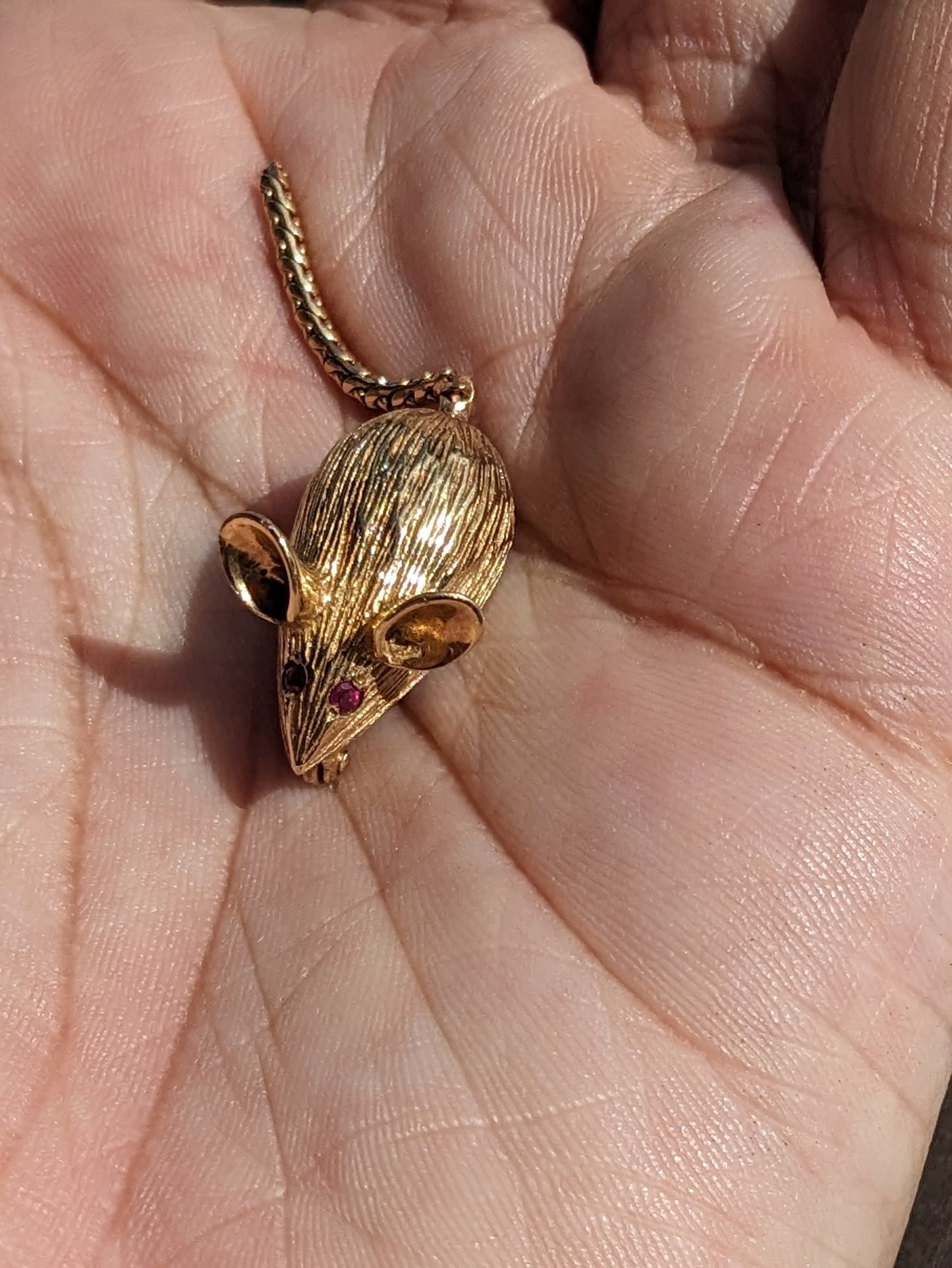 Ruby and 14k Gold Moving Tail Mouse Pendant