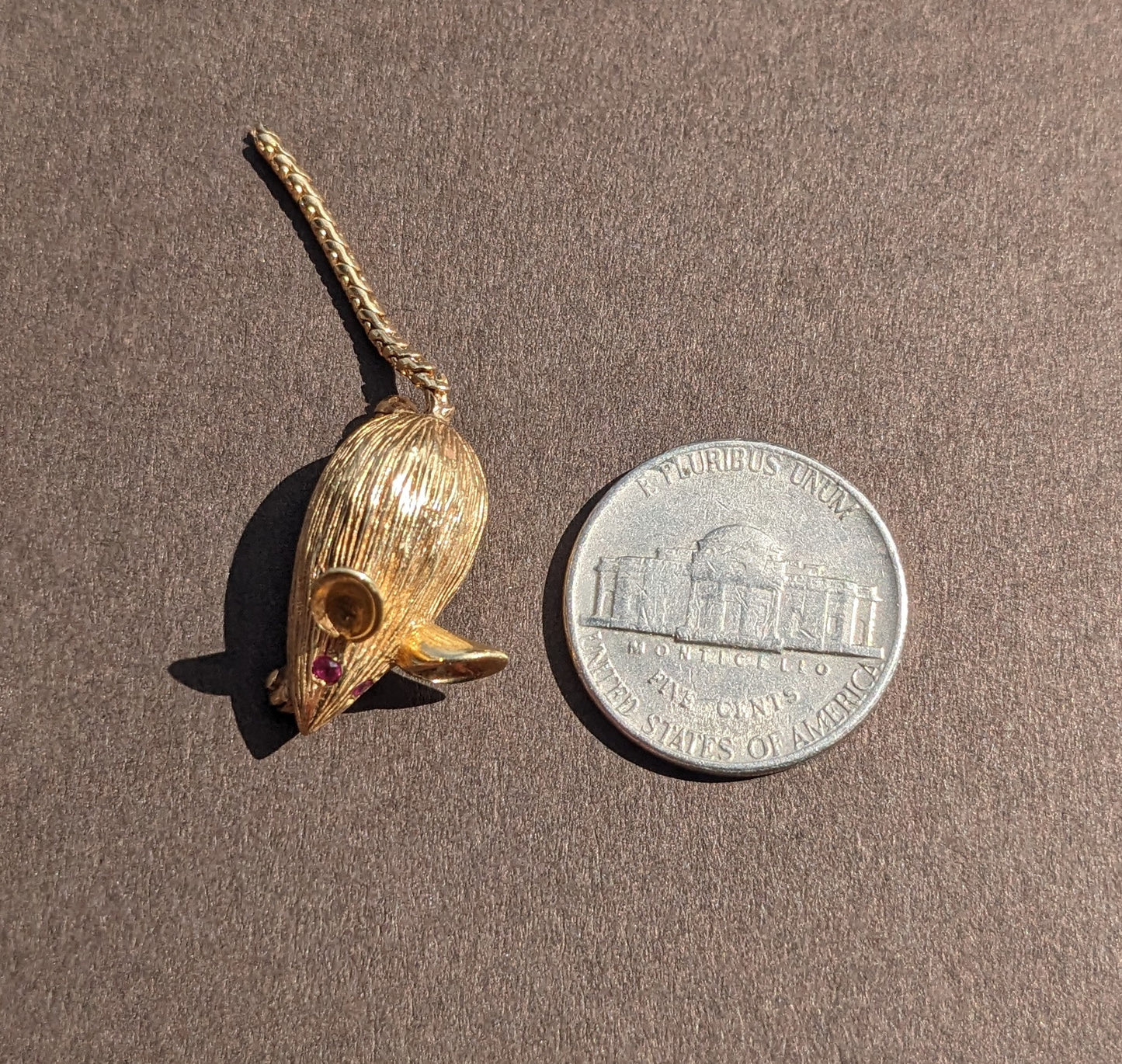 Ruby and 14k Gold Moving Tail Mouse Pendant