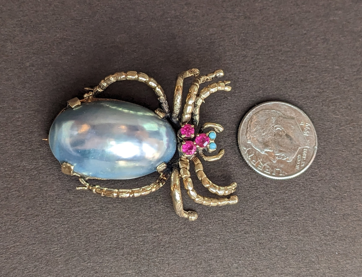 Large Grey Pearl, Ruby, and Opal Spider Brooch