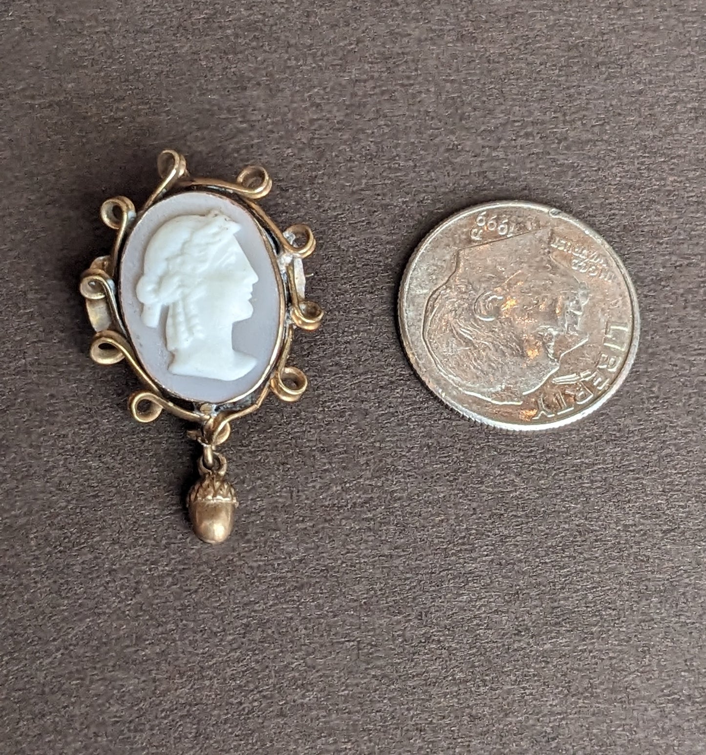 14k Gold and Cameo Pin with Acorn Drop