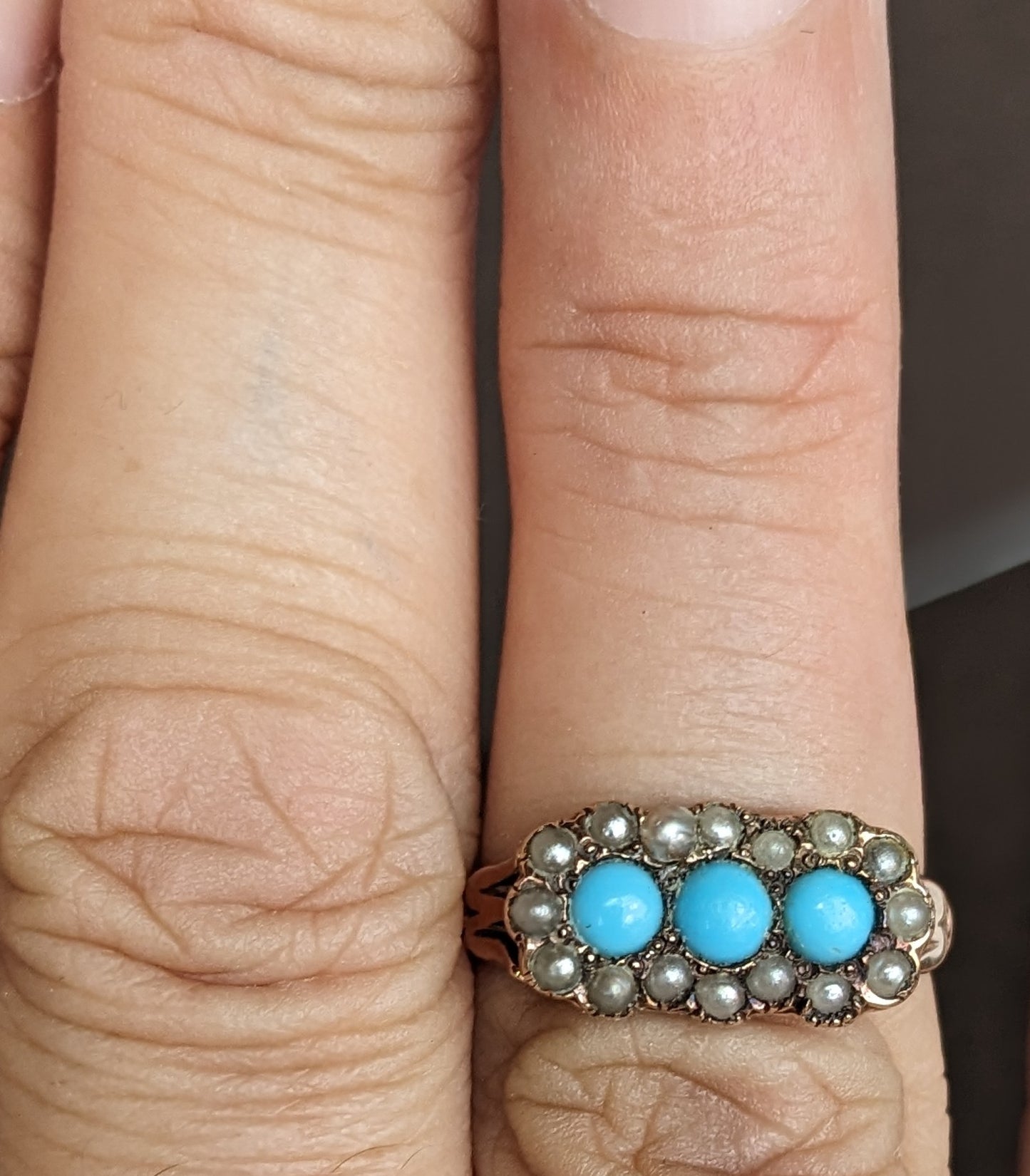 14k Gold American Seed Pearl and Turquoise Ring