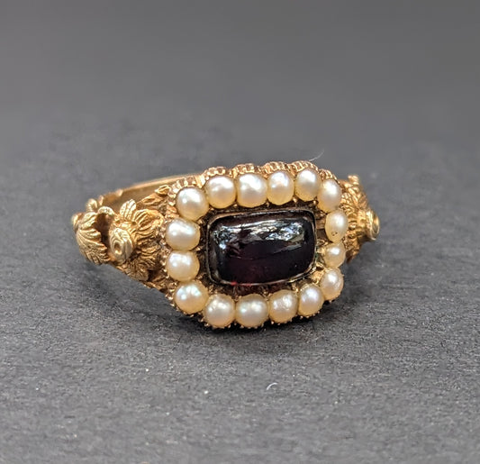 14k Gold, Garnet and Seed Mourning Ring