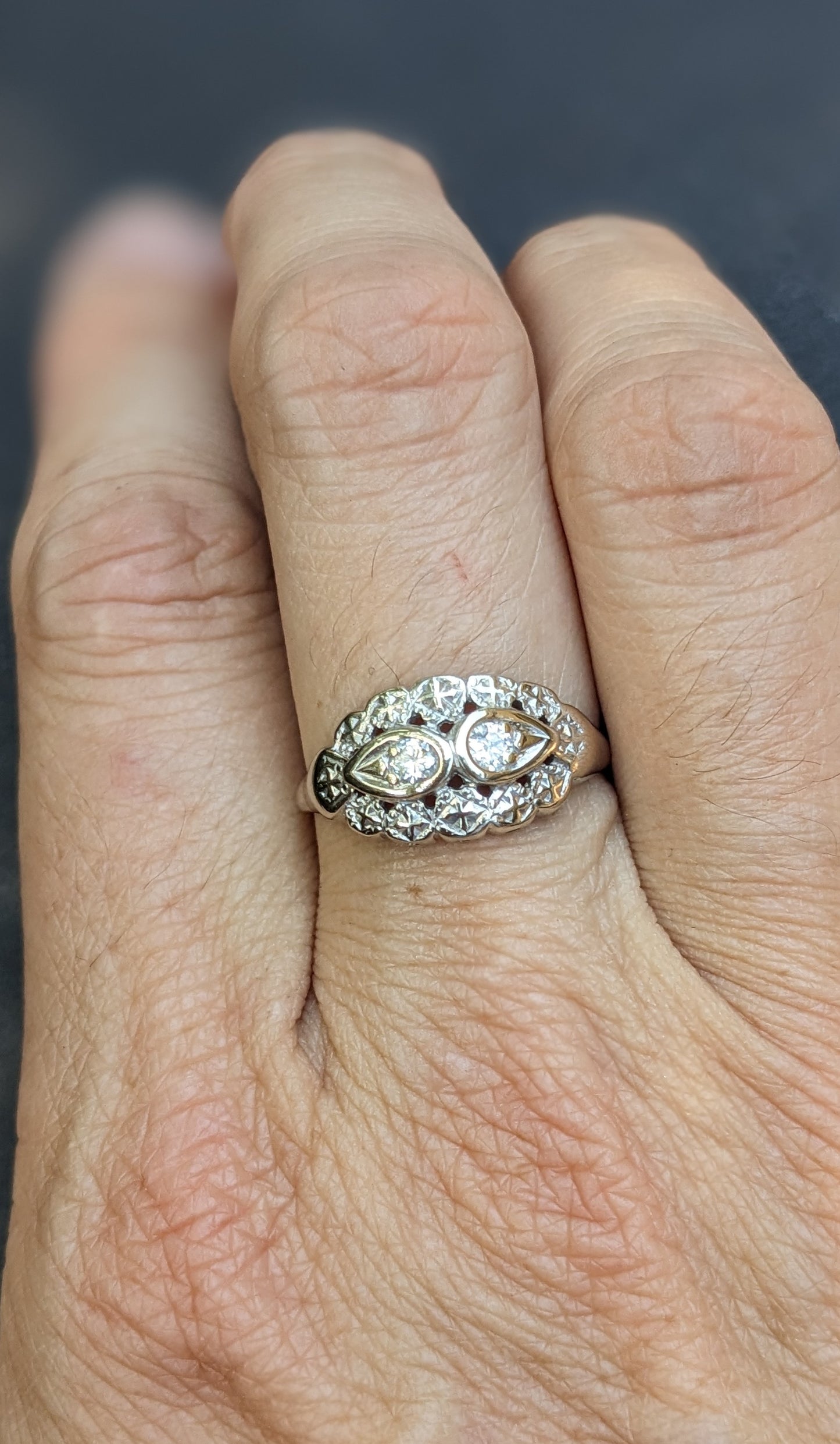 Double tear drop white gold diamond ring