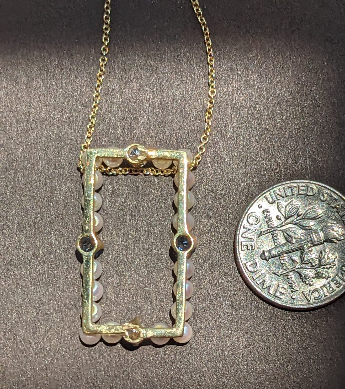 Diamond, sapphire and pearl 14 rectangular necklace