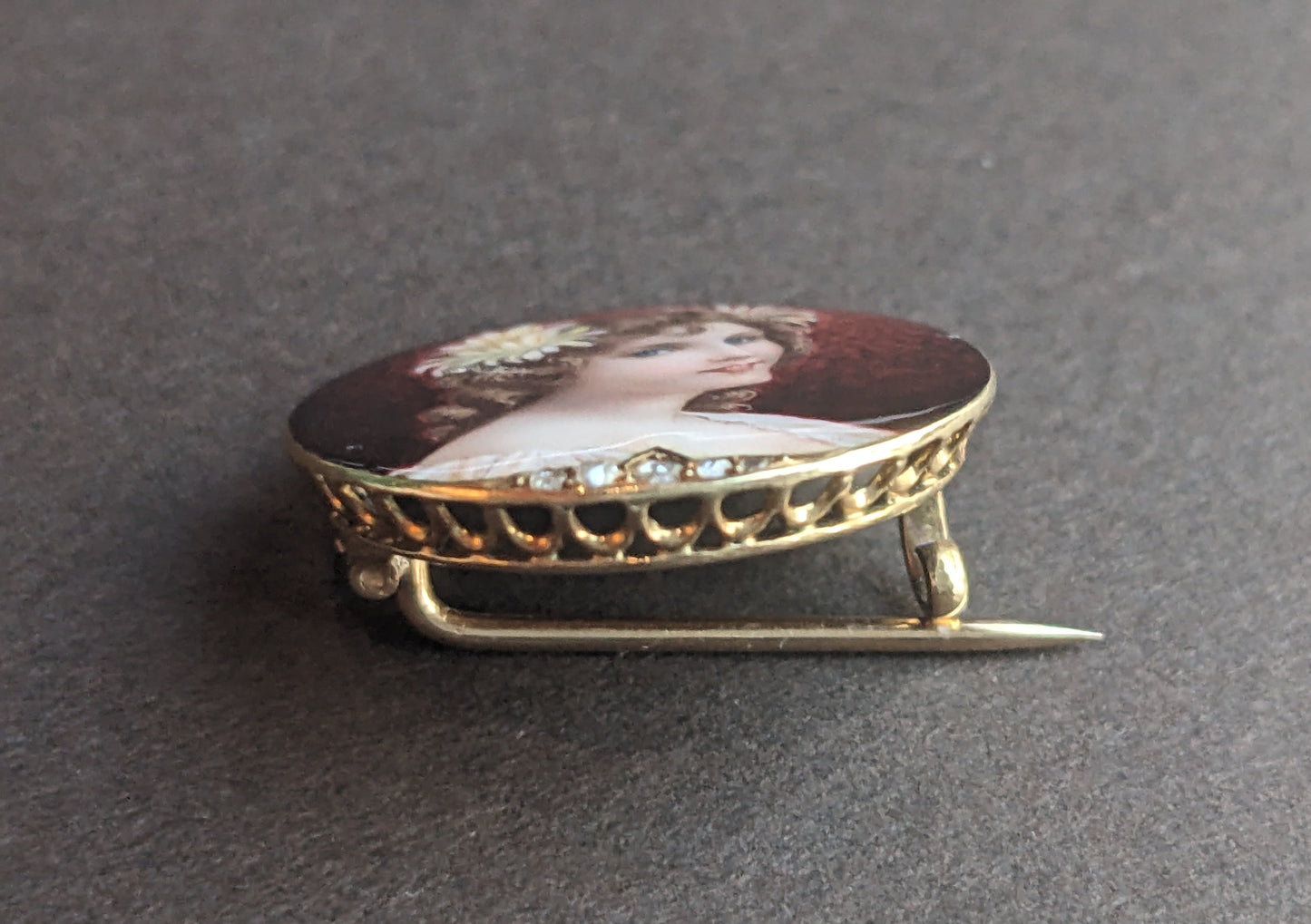 18K Enamel Belle Epoch Portrait Brooch with diamond