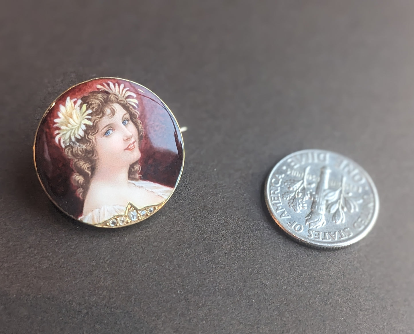 18K Enamel Belle Epoch Portrait Brooch with diamond