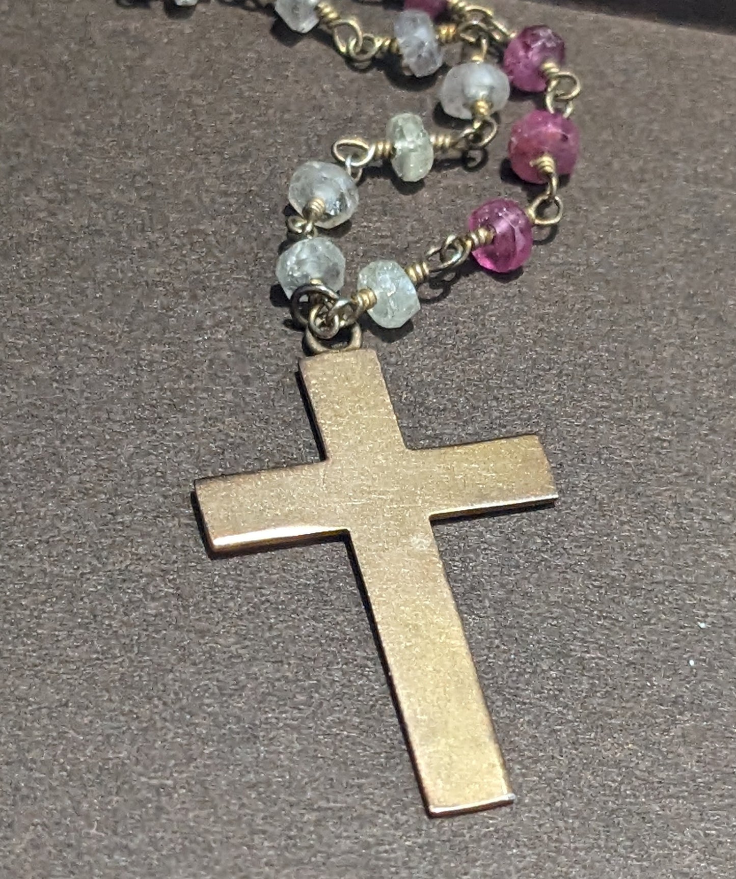 9k Hand Engraved 1900s Cross on Multi Colored Sapphire Chain