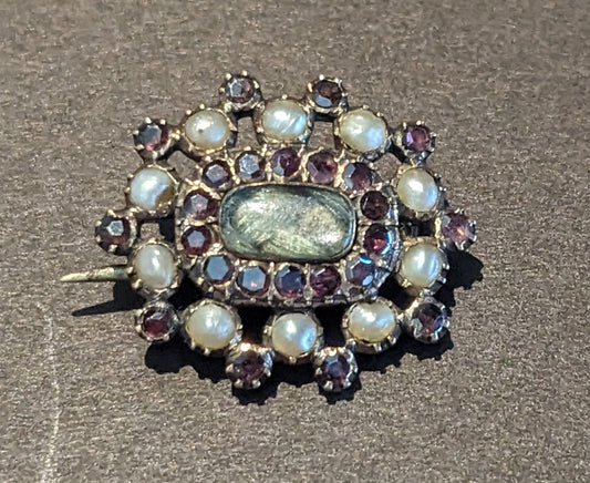 Civil War Era mourning brooch, garnet & pearl