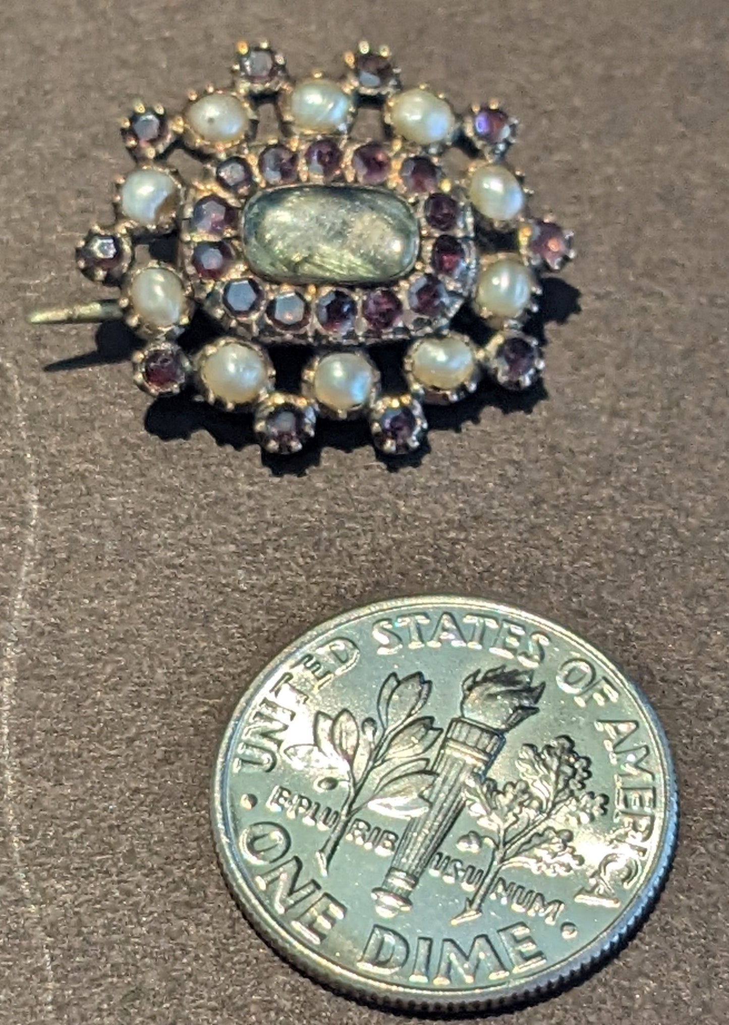 Civil War Era mourning brooch, garnet & pearl